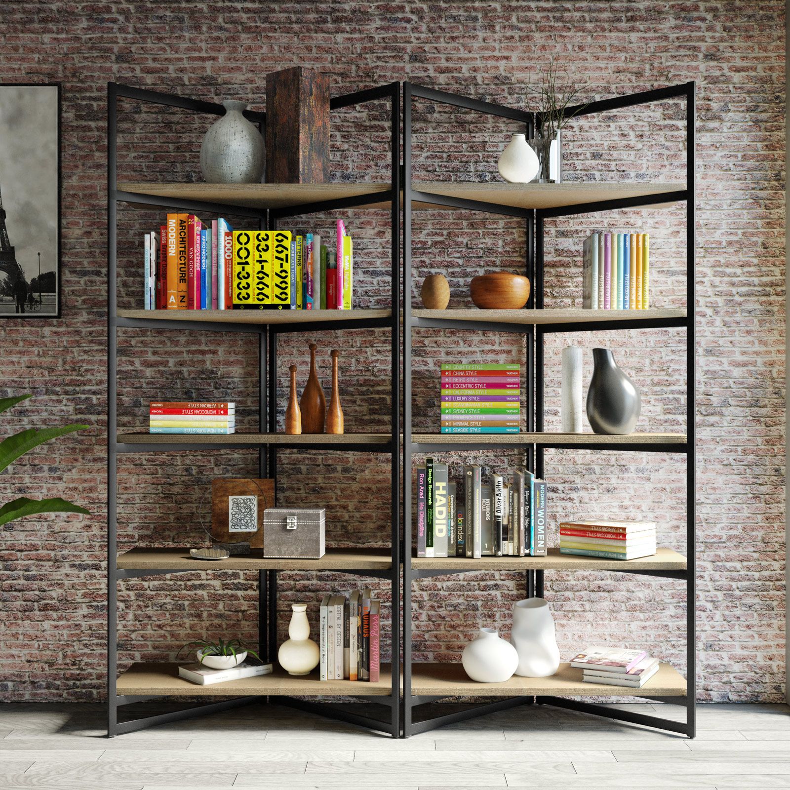 Libreria 180x200h cm con ripiani in legno rovere sussex e struttura a V in  metallo nero - Apta