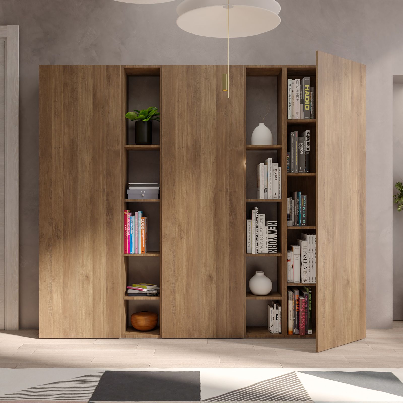 Libreria 221x186h cm 5 elementi in legno mercure con vani a giorno e 3 ante  - Clary