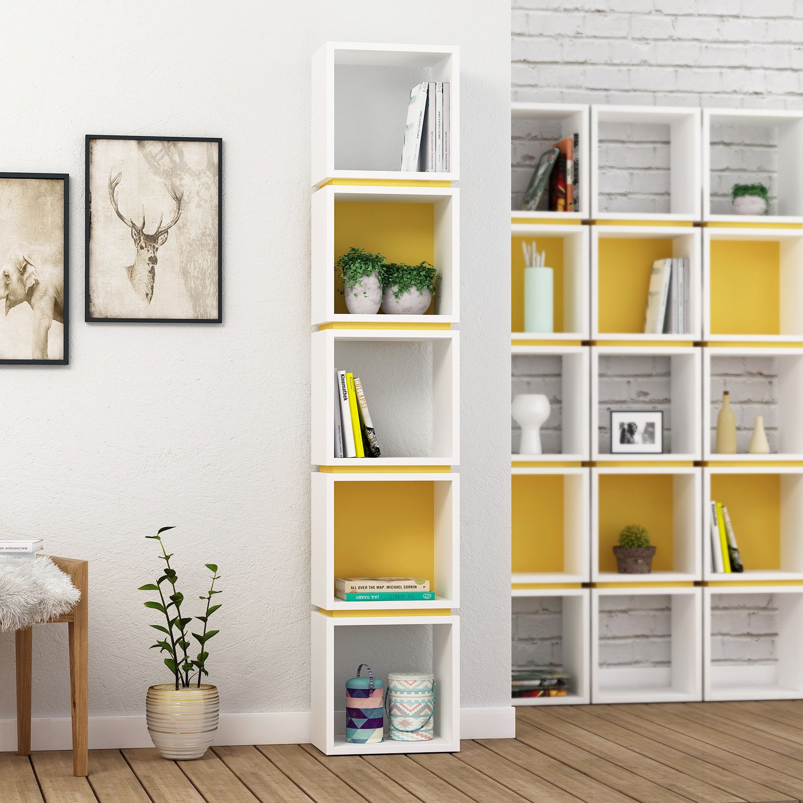 Libreria 32x167h cm in legno bianco e senape - Kantiko