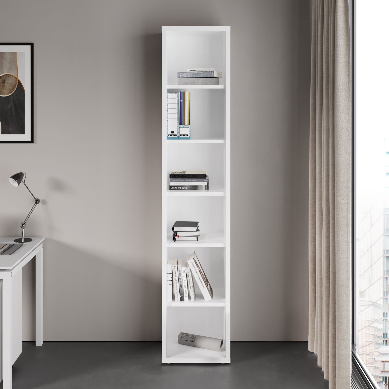 Libreria 44x36x217h cm con due ante in bianco lucido e grigio cemento -  Homely office