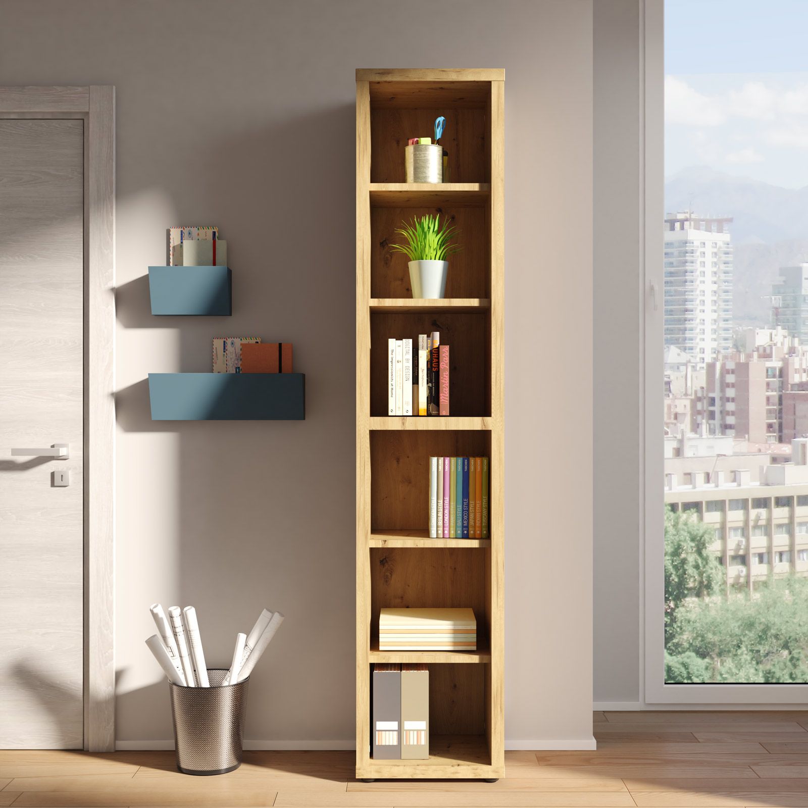 Libreria 45x217h cm in legno rovere artisan con 5 ripiani - Garen