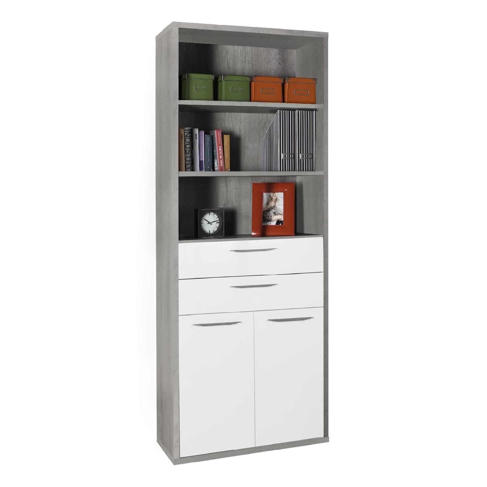 Libreria 82x217h cm in legno grigio cemento e bianco lucido - Homely office