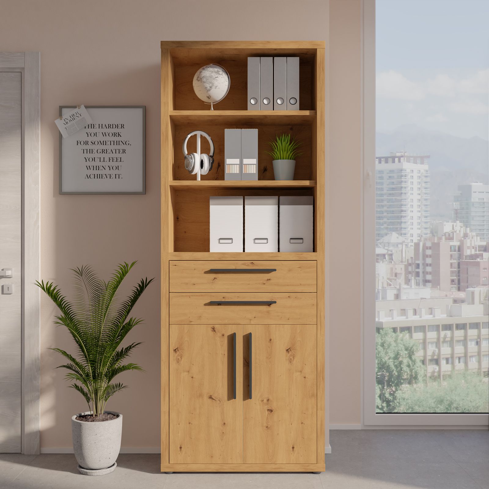 Libreria 82x217h cm in legno rovere artisan con 2 ante e 2 cassetti - Garen