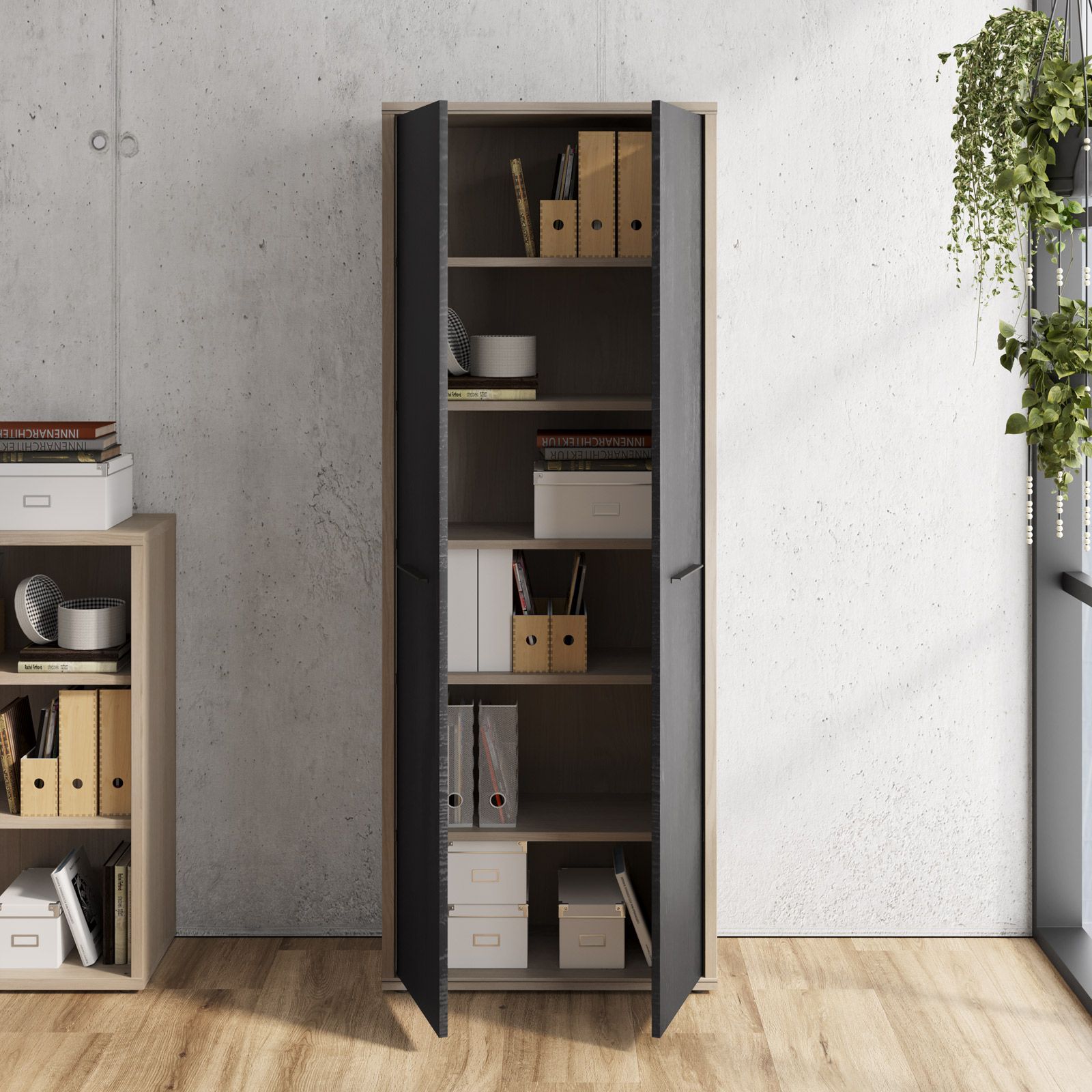 Libreria 82x217h cm con ante e cassetti in legno rovere - Historic light