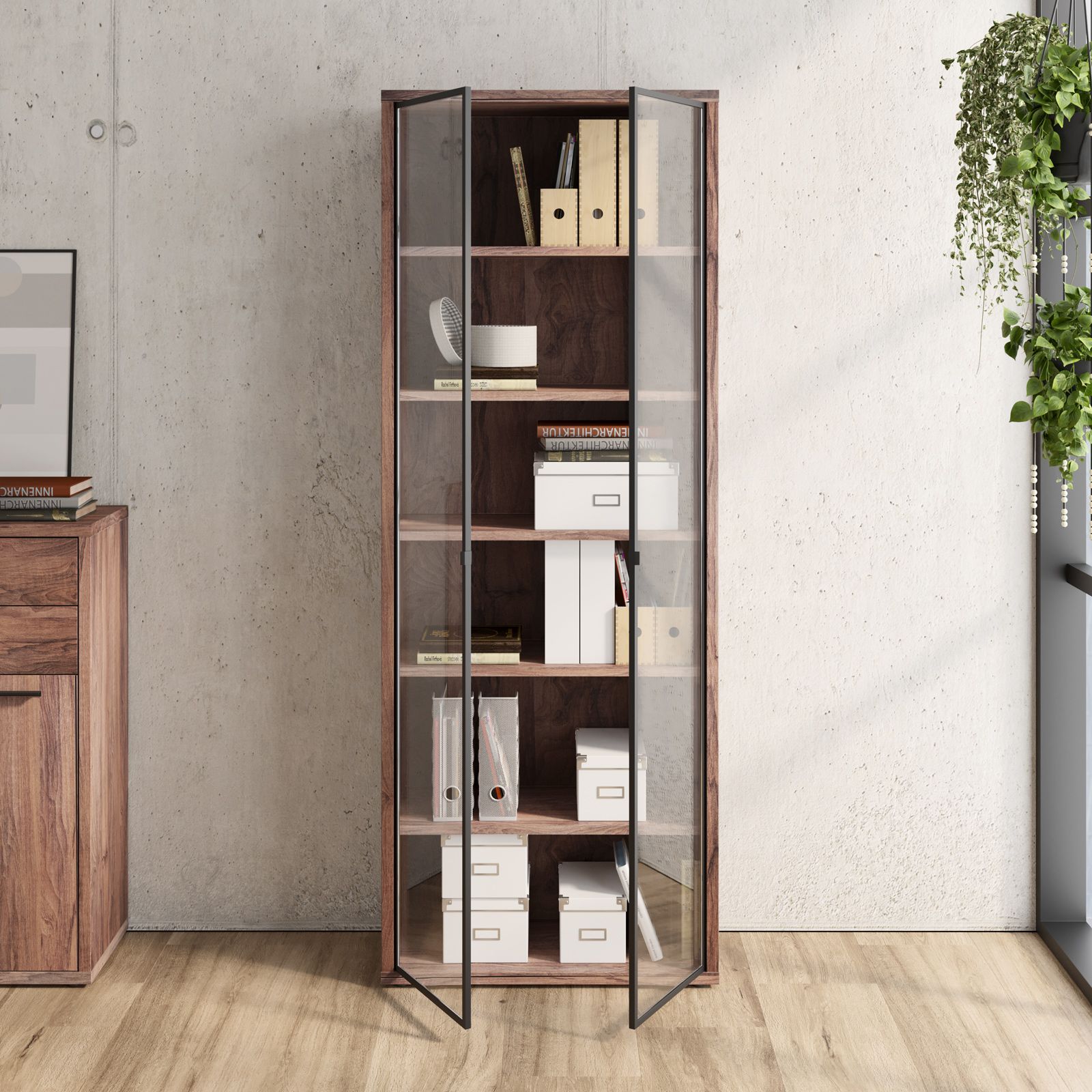 Libreria 82x217h cm noce brera con 2 ante in vetro - Historic brown