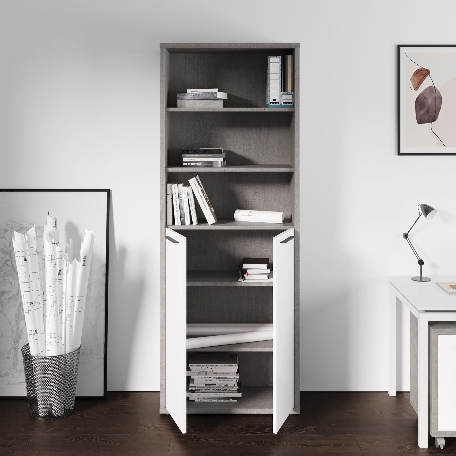 Libreria 82x36x217hcm con due ante grigio cemento e bianco lucido - Homely  office