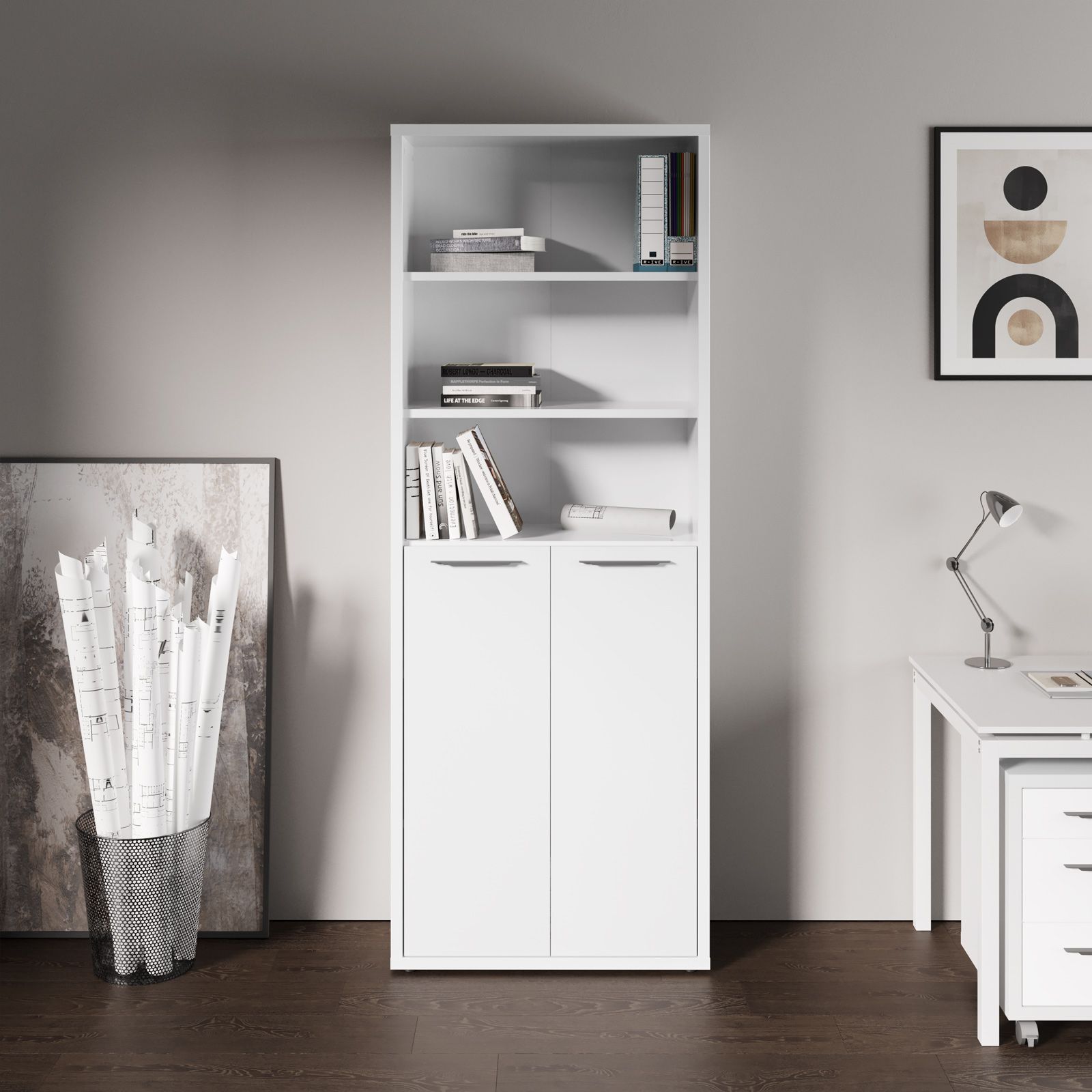 Libreria 82x217h cm bianco lucido con 2 ante basse - Homely office