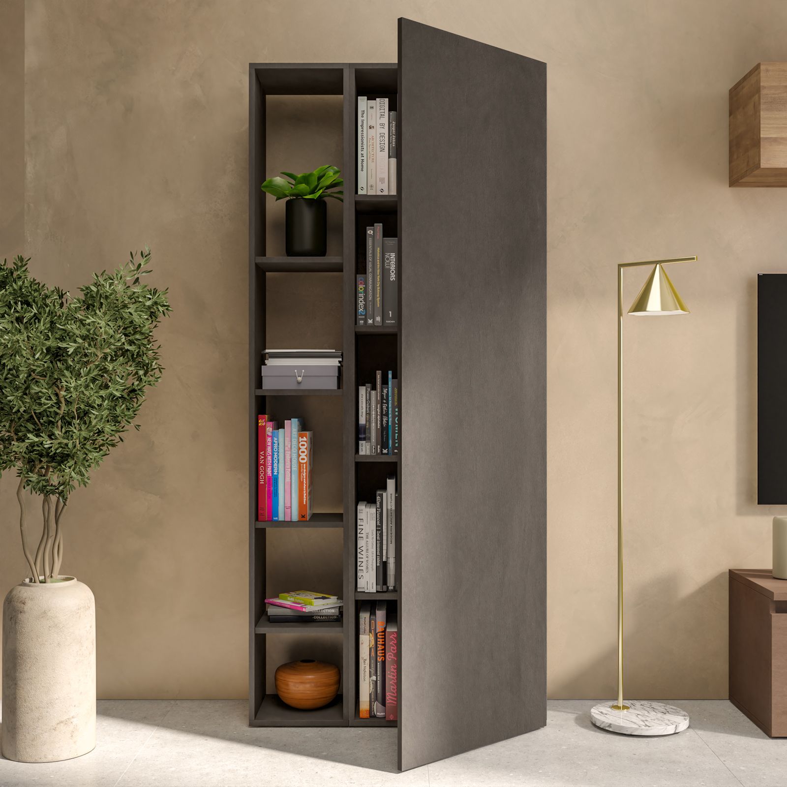 Libreria 224x30x186h cm lava con vani a giorno e 4 ante - Clary