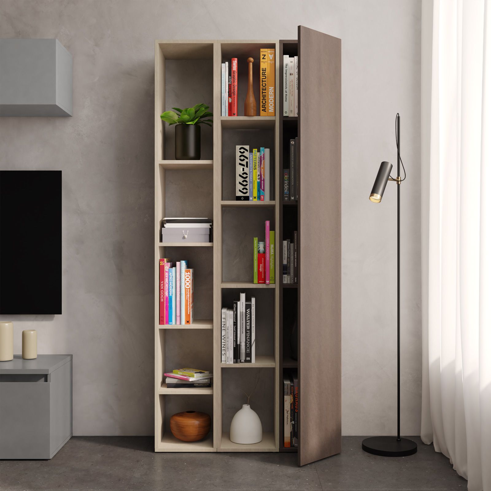 Libreria 111x186h cm 3 elementi argilla con vani a giorno e anta