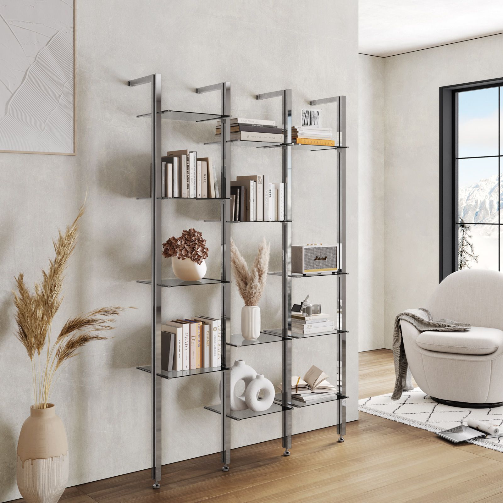 Libreria con altezza regolabile 122x190-200h cm cromata con 12 ripiani in  vetro - Zed