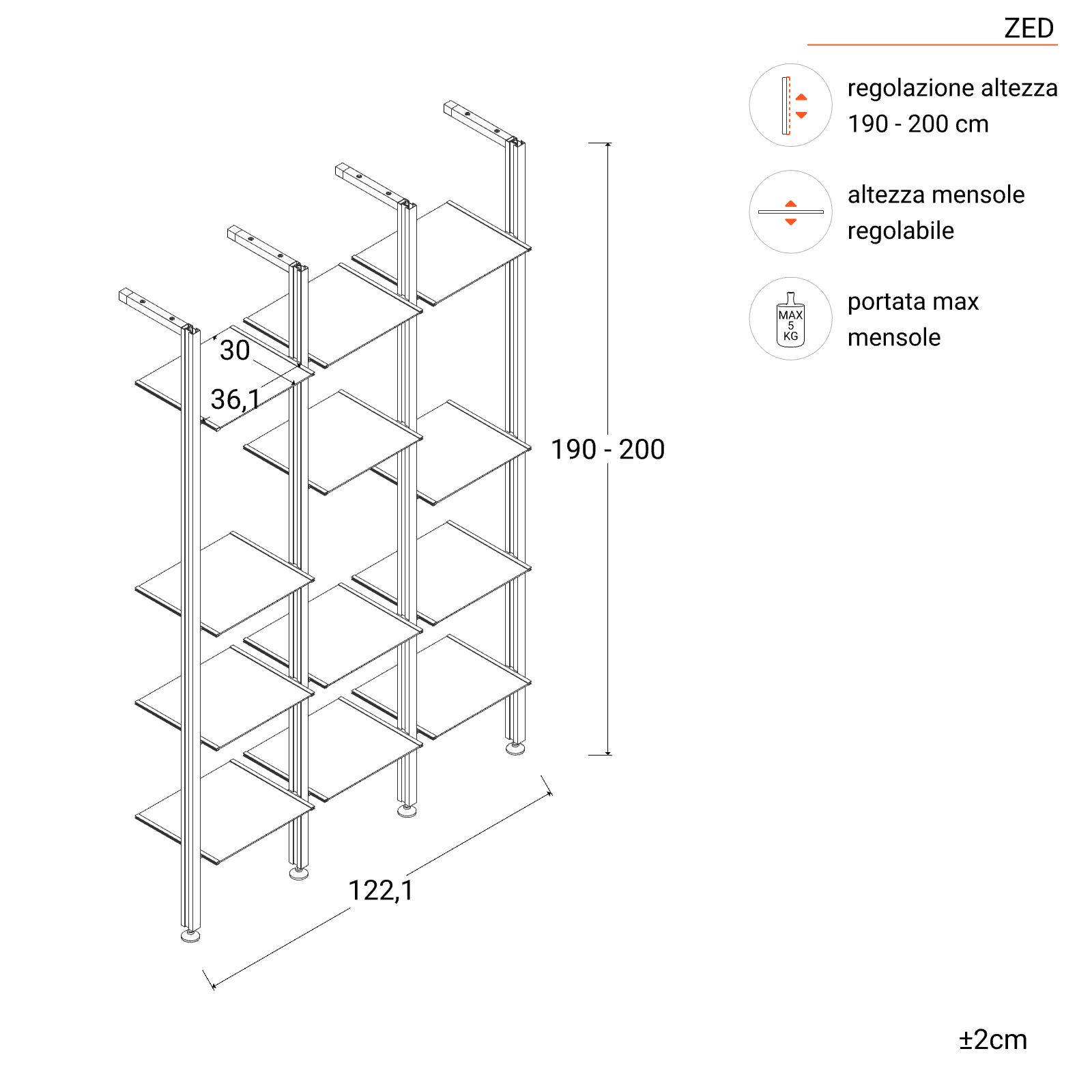 Libreria con altezza regolabile 122x190-200h cm nera con 12 ripiani in  vetro - Zed