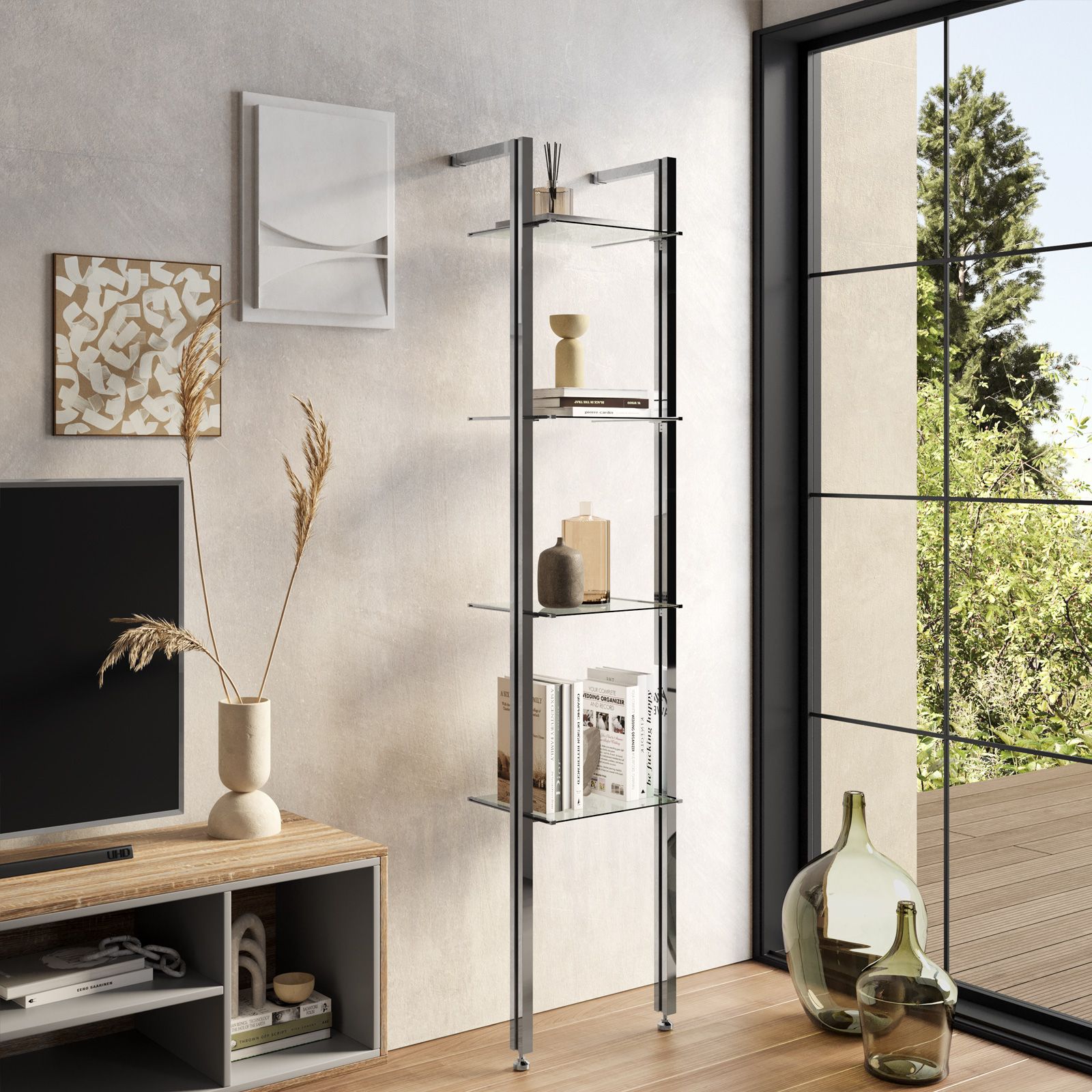 Libreria con altezza regolabile 42x190-200h cm cromata con 4 ripiani in  vetro - Zed