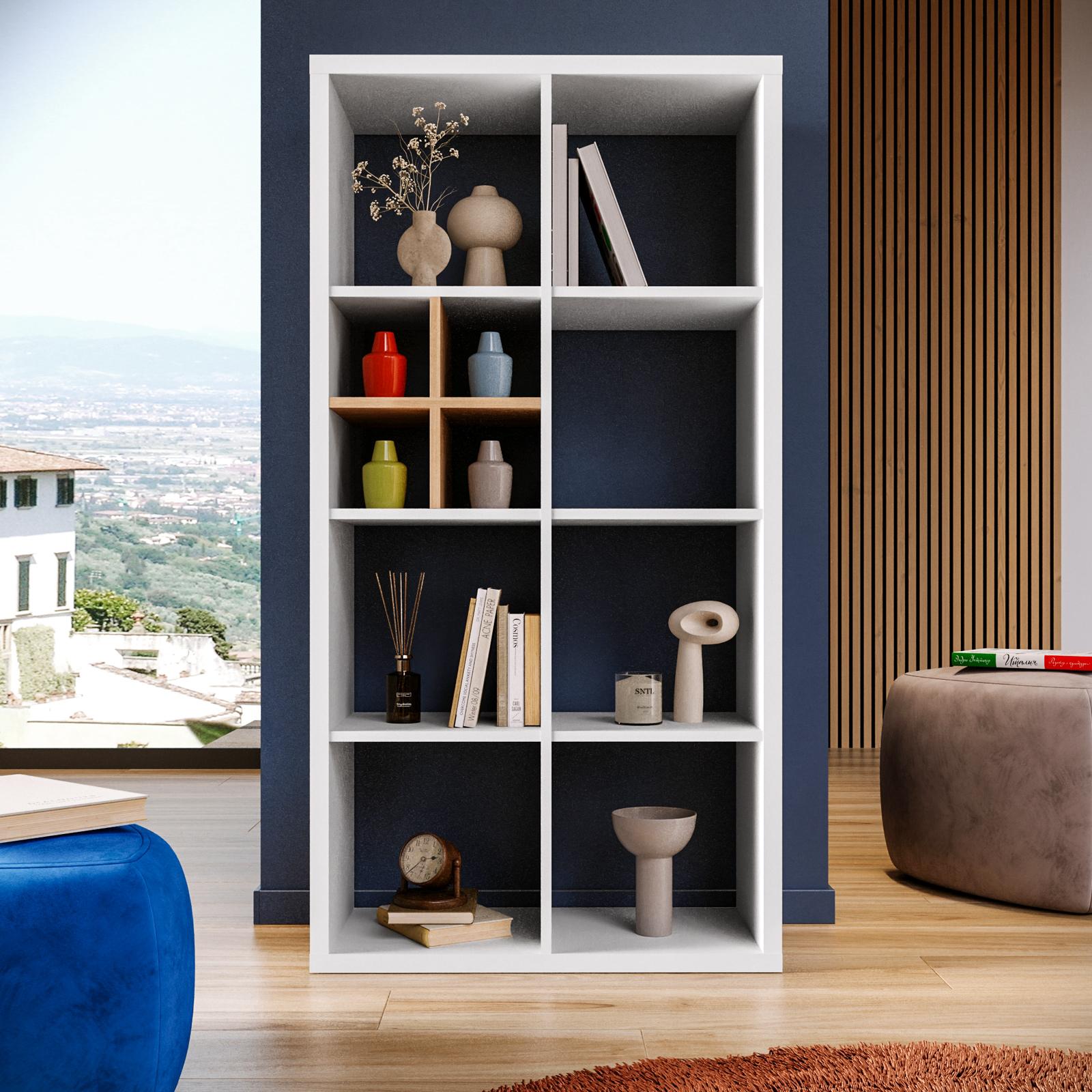Kafka D11 Libreria A Zig Zag In Melamina - Design Moderno, 145x29x145 Cm - Colore Rovere E Bianco - 4 Ripiani + Asse Centrale - Per Soggiorno, Ufficio O Casa - 5