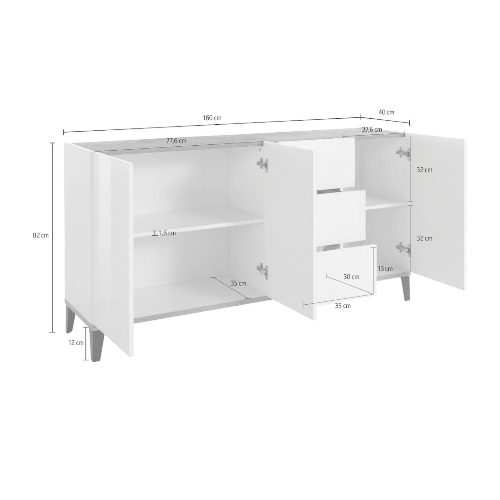 Keyluv Armadietto Buffet Bianco 130x39x80 Cm - Credenza Con 3 Cassetti E 3 Ante, Ripiani Regolabili, Maniglie Oro