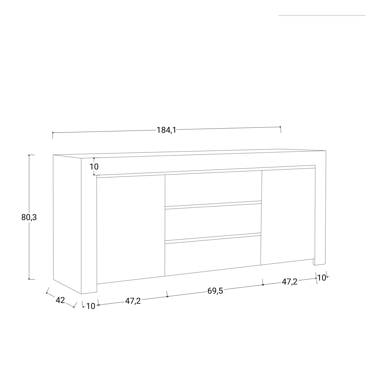 Cadiz BR credenza soggiorno madia 184cm 4 ante bianco lucido rovere