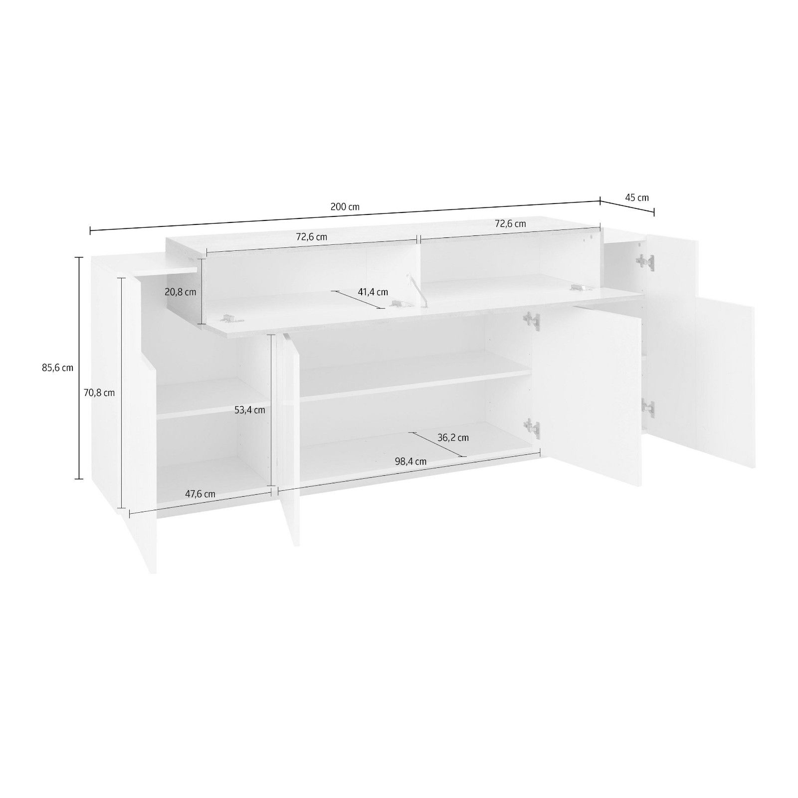 Madia 200 cm con 4 ante e 1 anta a ribalta in legno bianco lucido