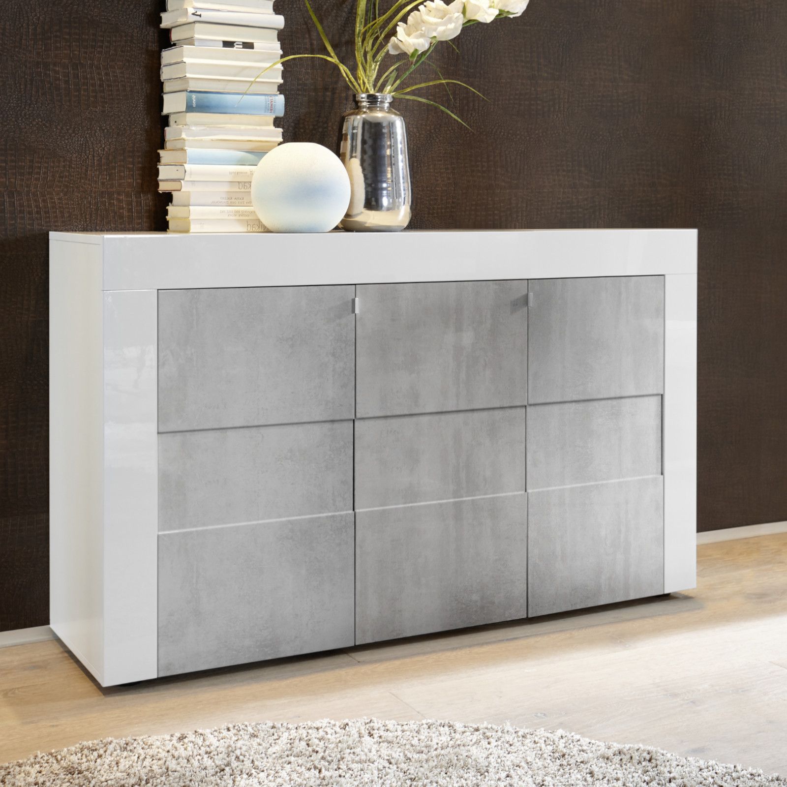 Madia 138 cm con tre ante in legno bianco lucido e grigio cemento - Avium