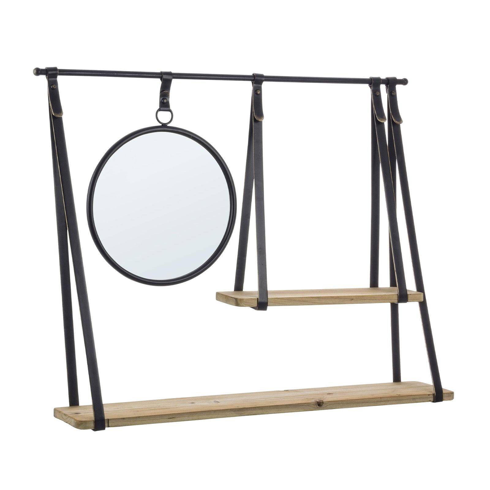 Mensola industrial con specchio rotondo e 2 ripiani in legno di abete e  acciaio