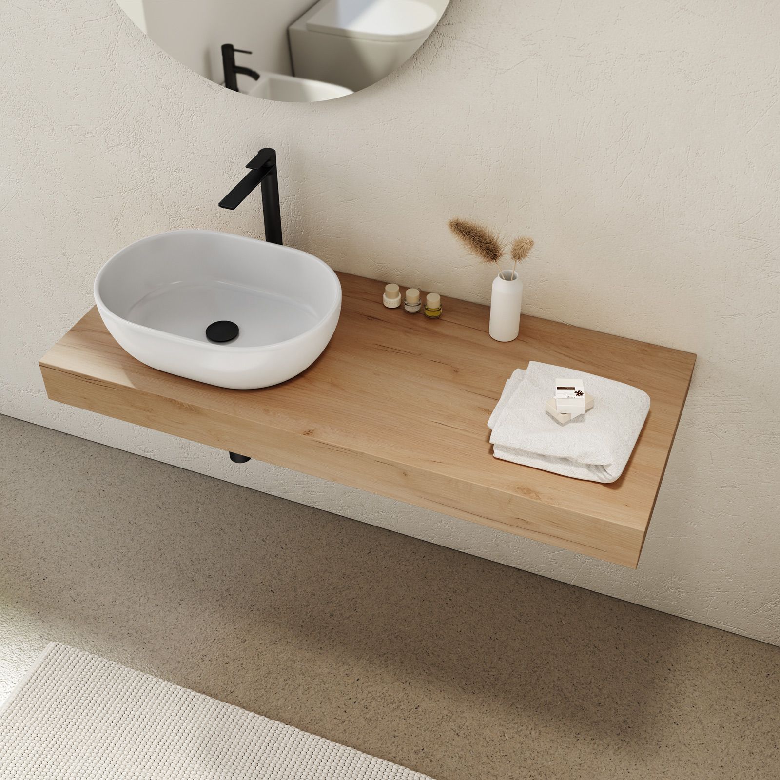 Mensolone Bagno 120 cm Per lavabo da appoggio color legno di pino sbiancato, Arcshop