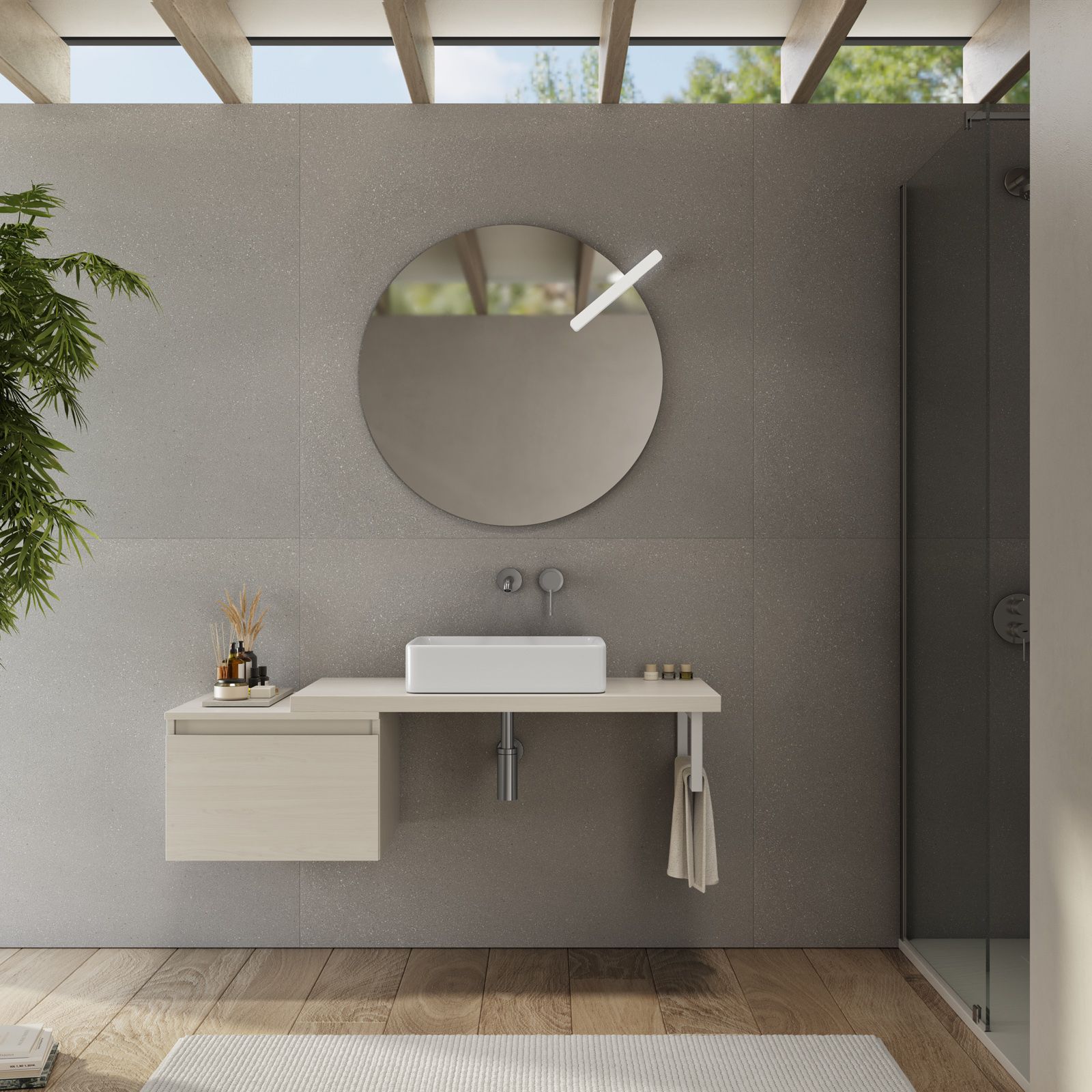 Mensolone bagno 180 cm con cassetto sospeso 50 cm in legno rovere bianco -  Plain