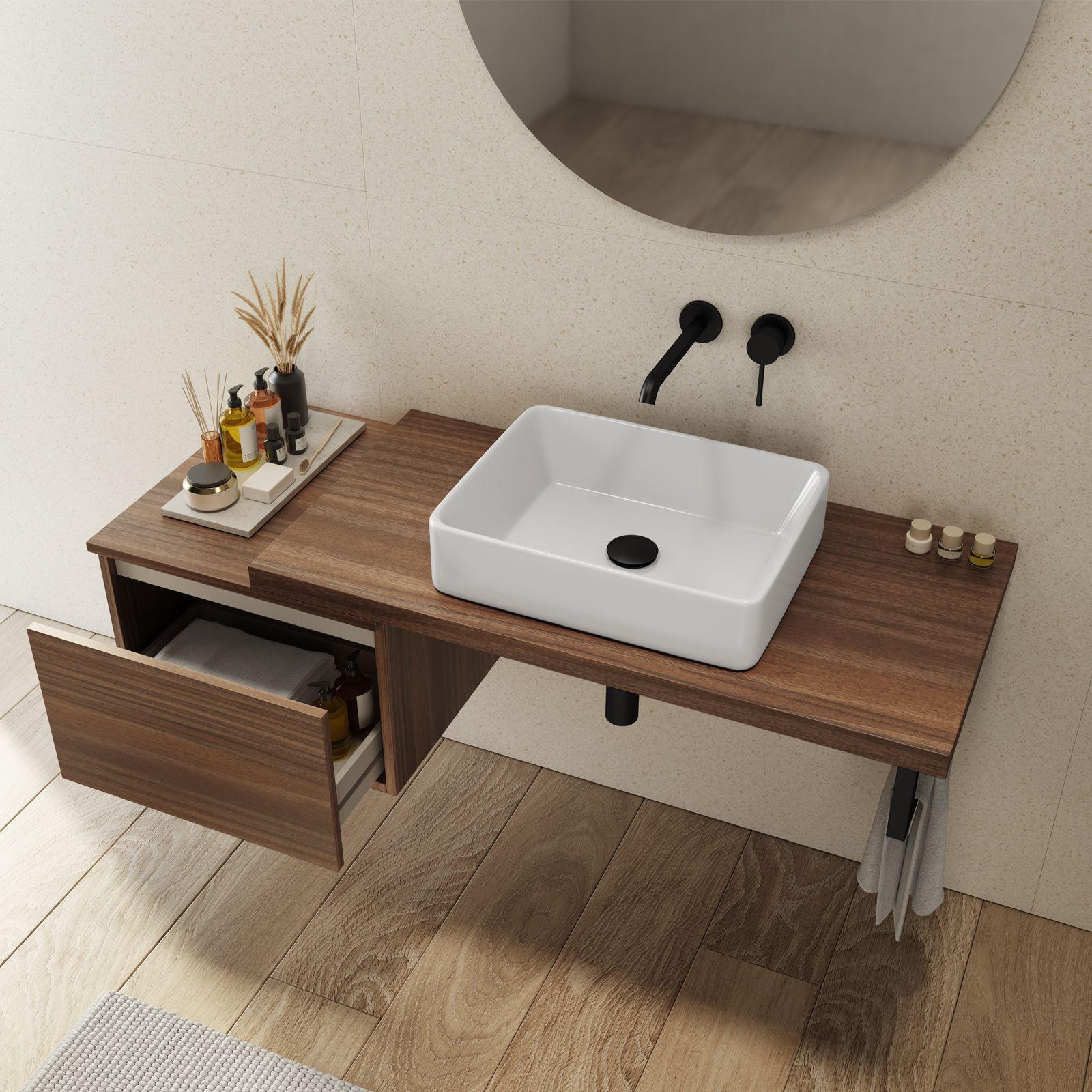 Mensolone bagno 180 cm con cassetto sospeso 50 cm in legno rovere