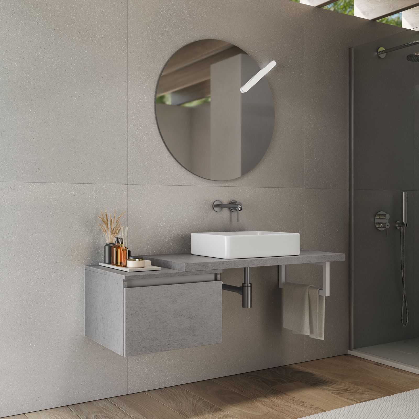 Mensolone bagno 3,8 h sospeso 110 cm in legno grigio pietra opaco - Plain