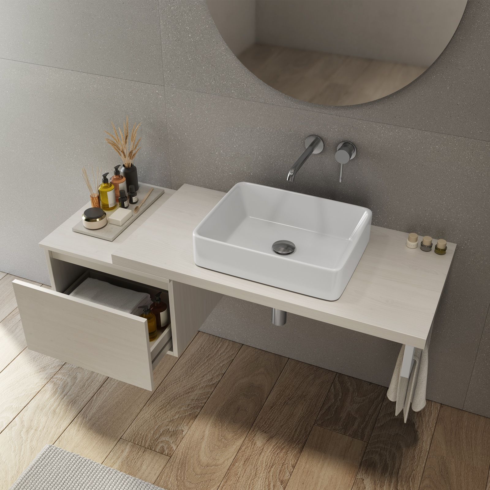 Mensolone bagno 110 cm con cassetto sospeso 50 cm in legno rovere bianco -  Plain