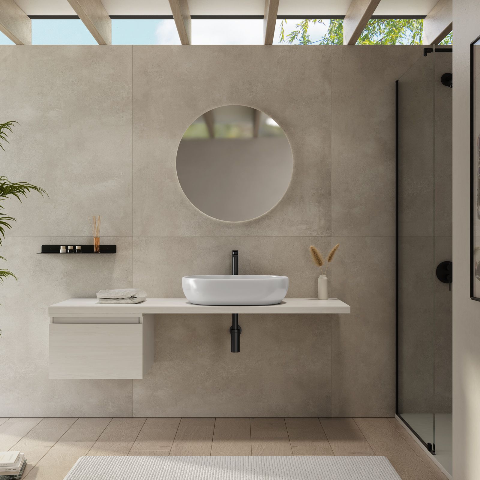 Mensolone bagno 180 cm con cassetto sospeso 50 cm in legno rovere