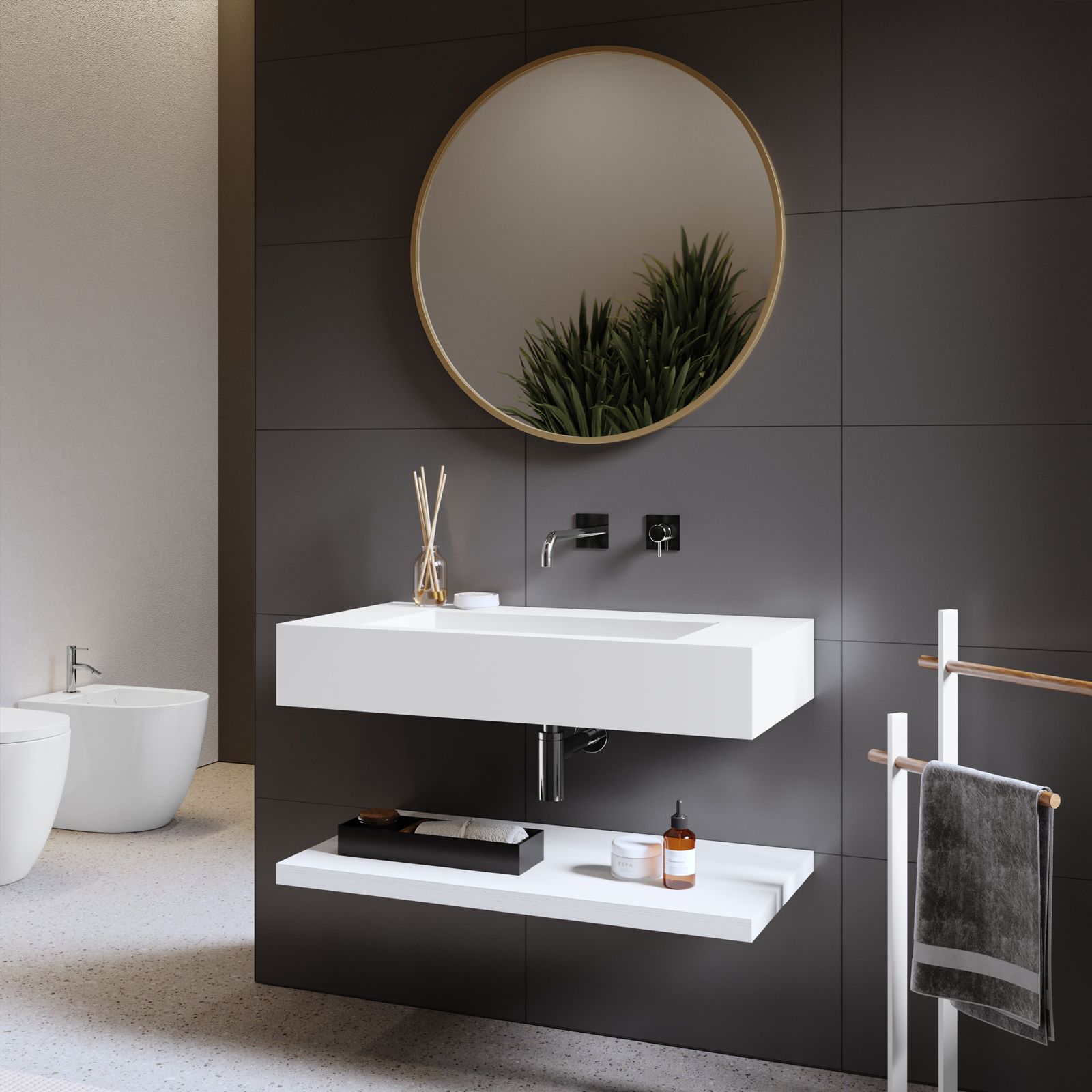 Top lavabo 90 cm con piano d'appoggio bianco effetto legno - Tosk