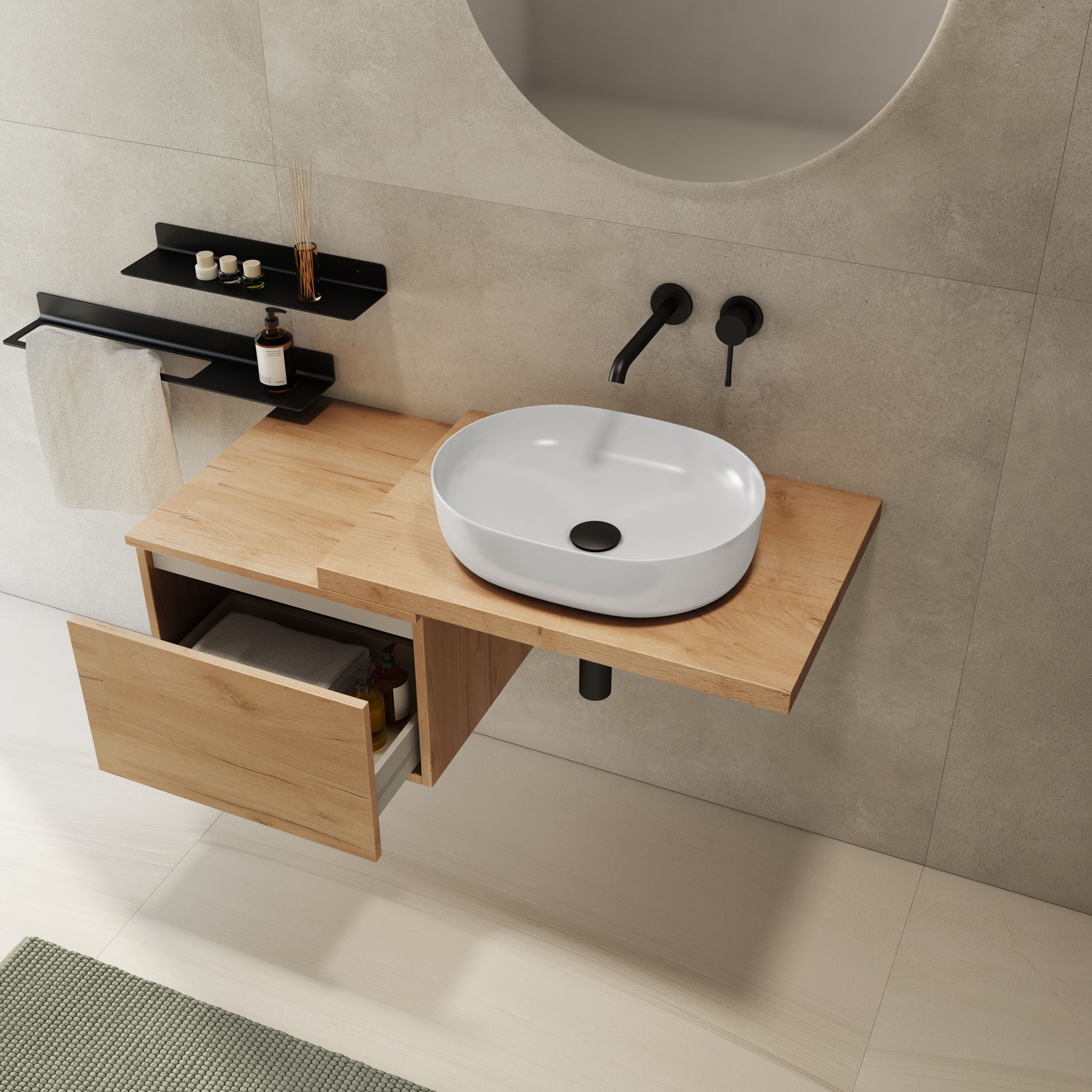 Mensolone bagno 60 cm con cassetto sospeso 50 cm in legno rovere gold -  Plain