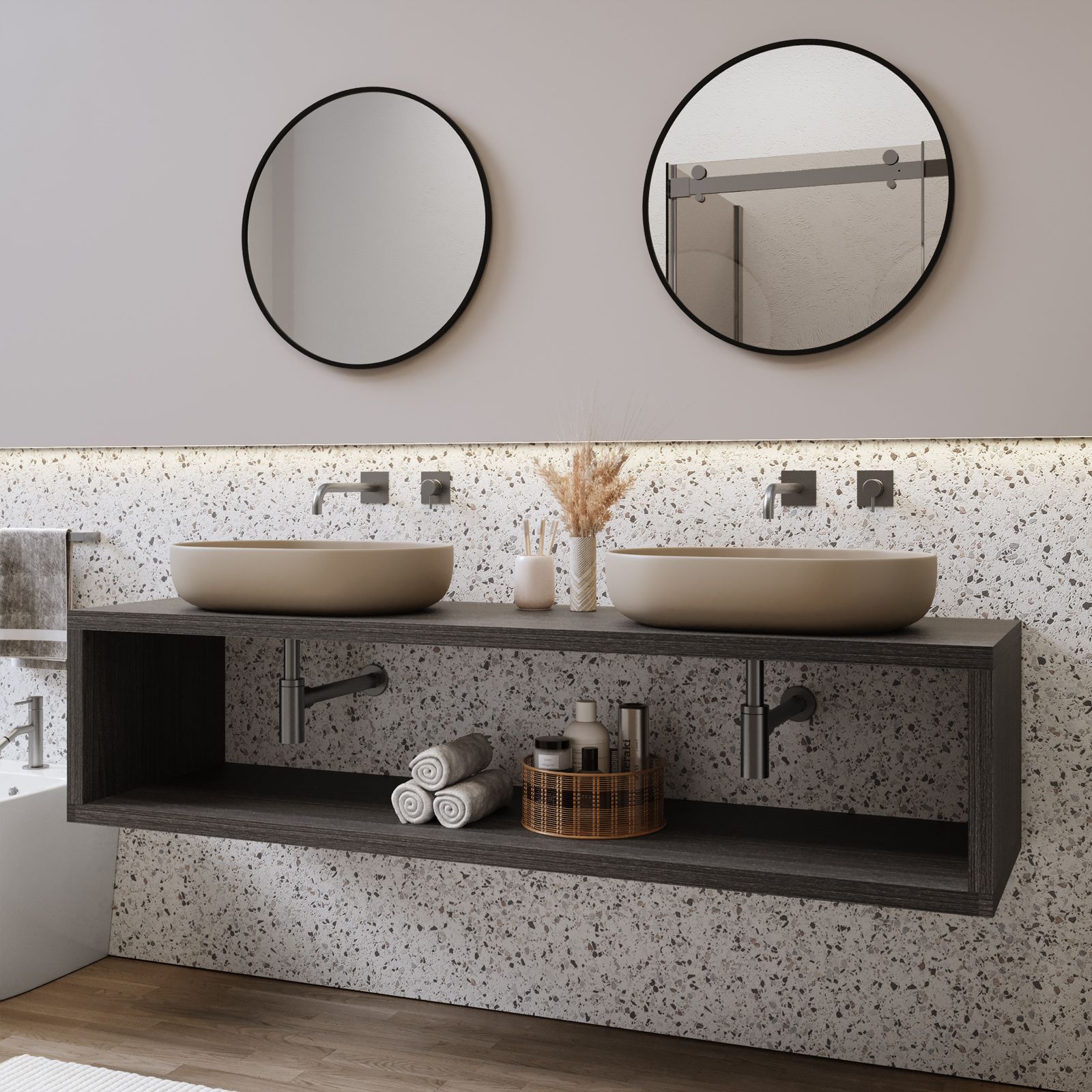 Mensolone bagno 180 cm con cassetto sospeso 50 cm in legno rovere