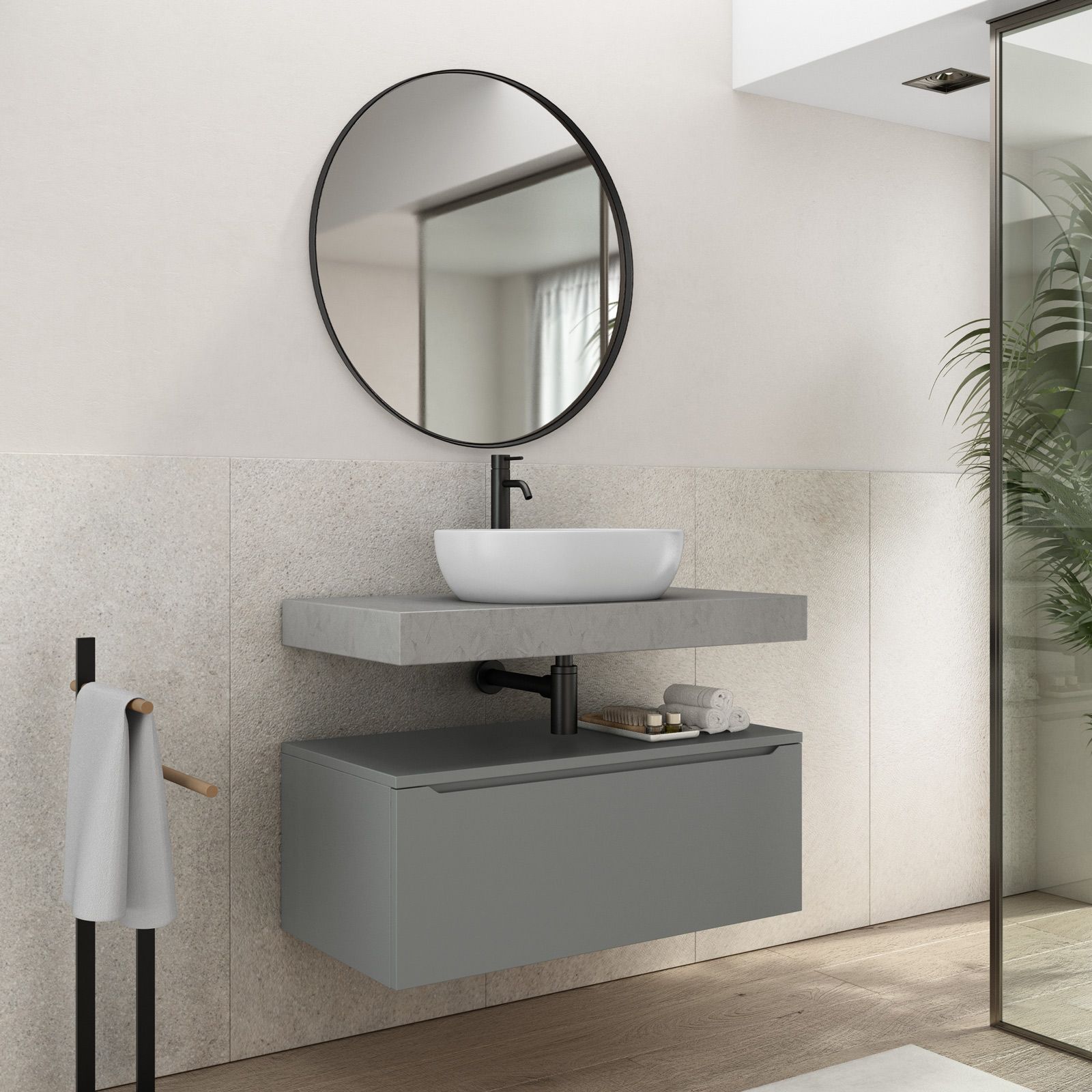 Mensolone bagno sospeso 90 cm grigio malta con cassettone grigio