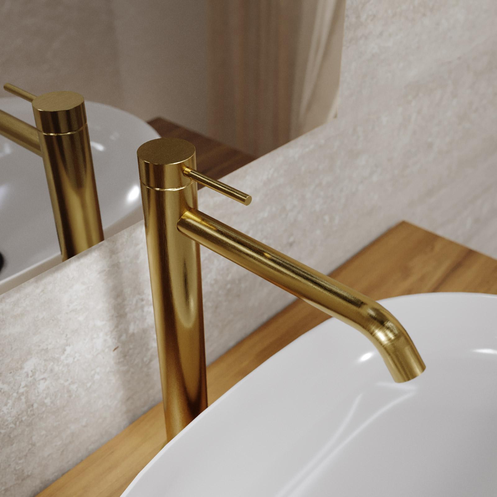 Ulytid Rubinetto Bagno Lavabo Alto Oro, Miscelatore Lavabo Rotazione a 360°, Monocomando Appoggio in Acciaio Inox con Aeratore Rimovibile, Fredda e Calda Regolabile, Altezza del Beccuccio 204mm