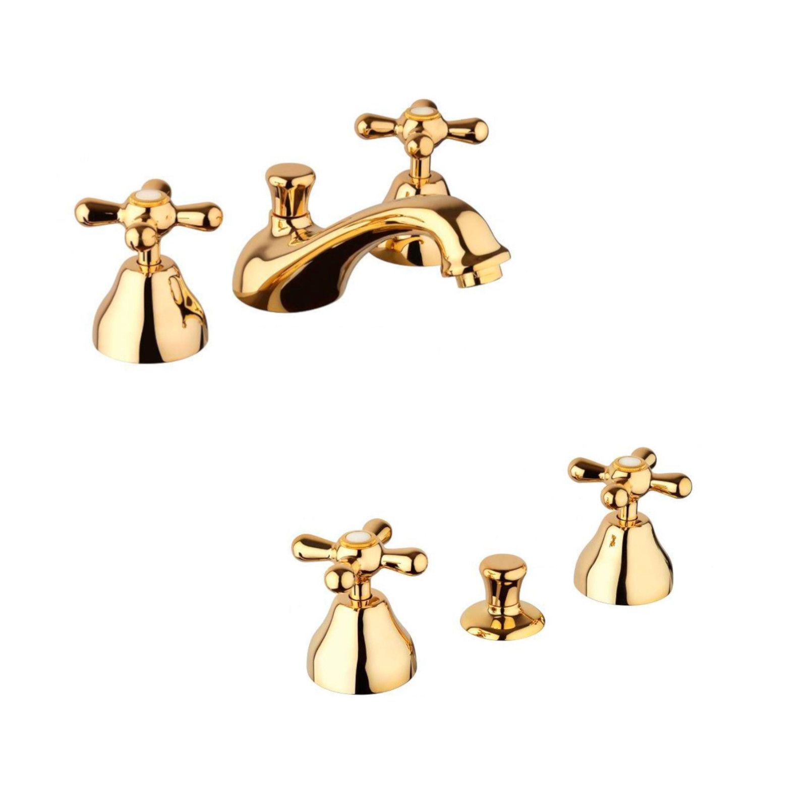 Miscelatore tre fori lavabo + bidet in ottone effetto oro con scarico -  Vittoria