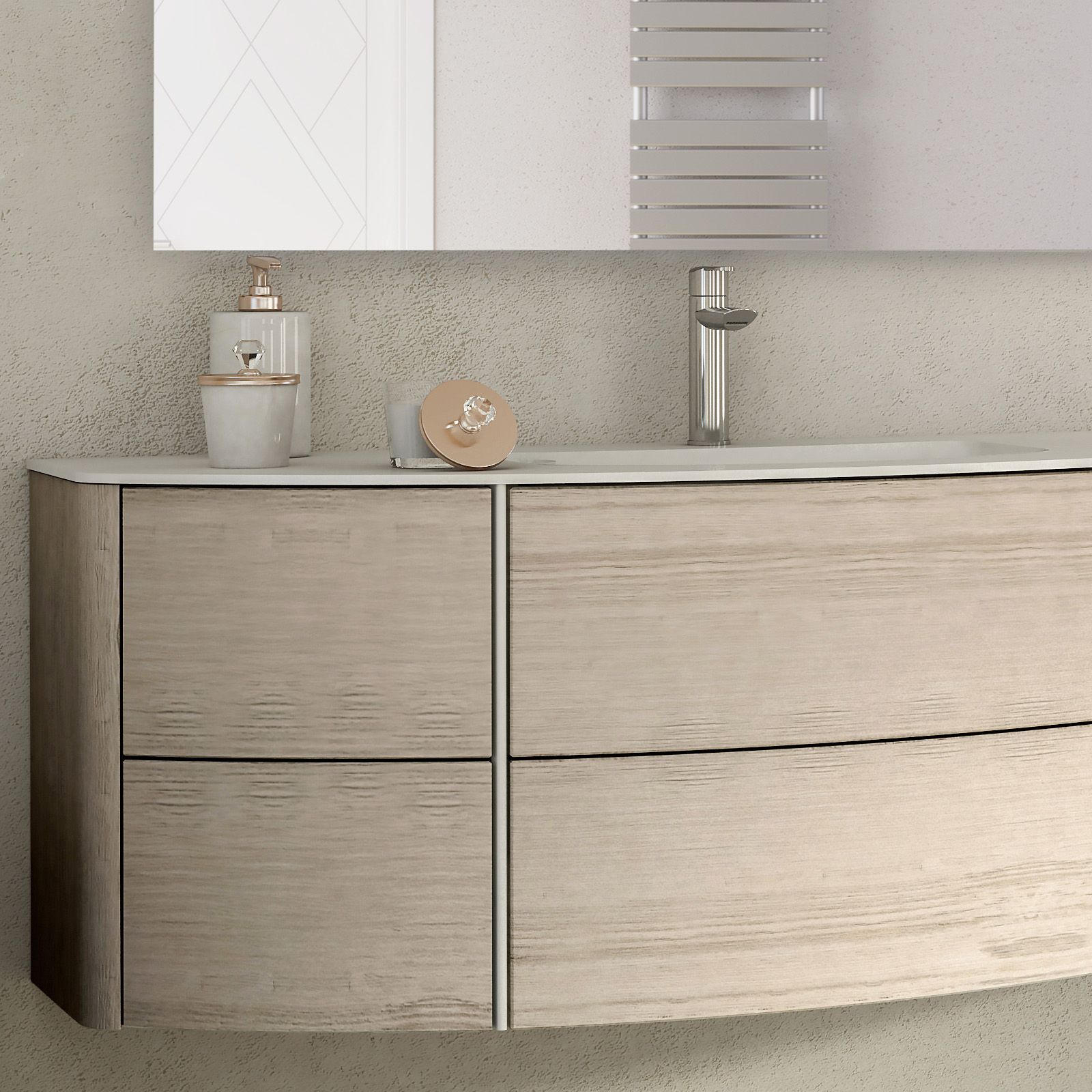 Mobile 120 cm sospeso moderno rovere sbiancato + specchio 2 pensili e  cassettiera ruote