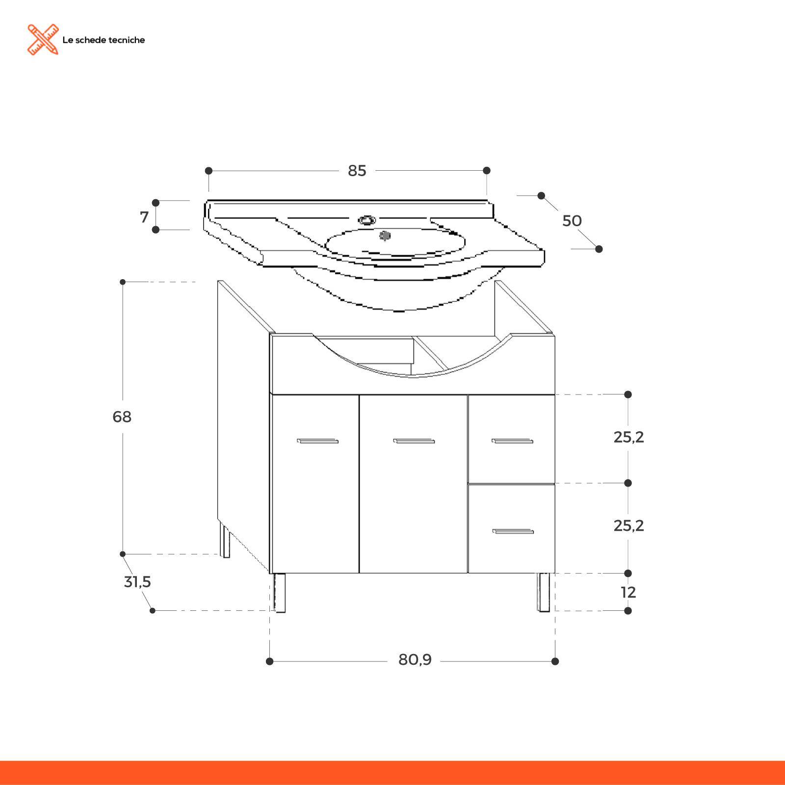 005624 - Mobile bagno a terra 85 cm con 2 ante e cassetti Cemento