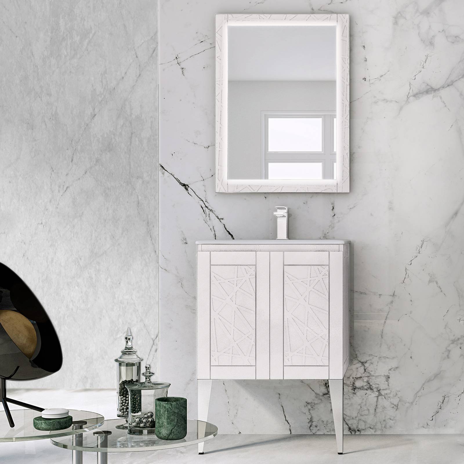 Mobile a terra 60 cm con lavabo in ceramica e specchio led finitura bianco  opaco