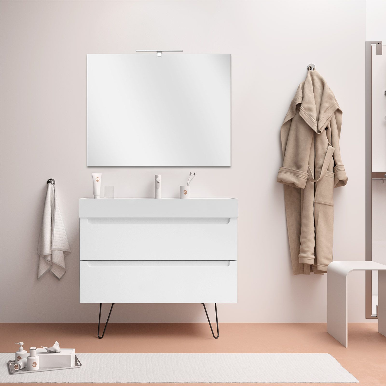 Mobile bagno 100 cm bianco neve opaco soft touch con lavabo alto in  porcellana e specchio - Agata