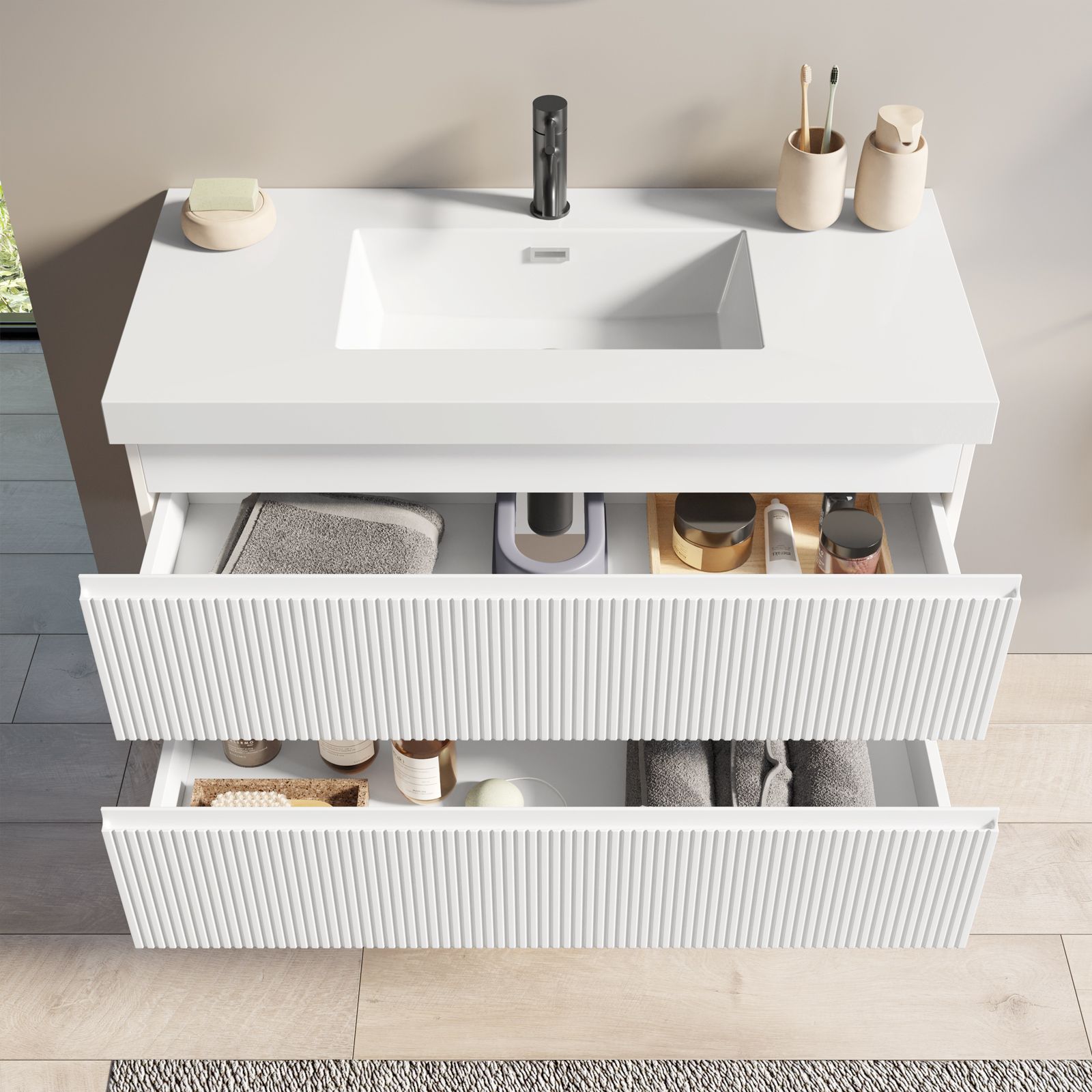 Mobile bagno 100 cm bianco opaco cannettato con lavabo e specchio - Gaia