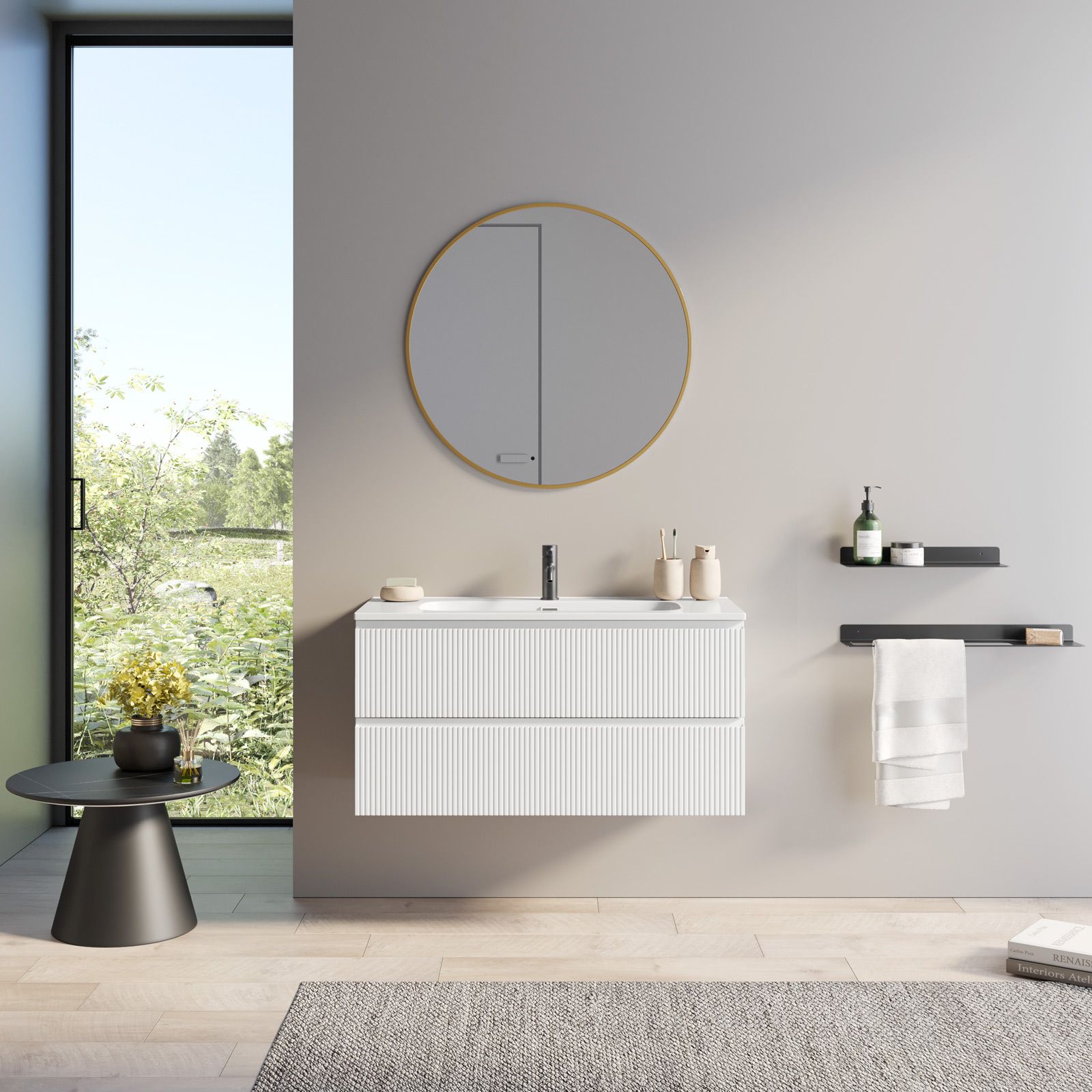 Mobile bagno 100 cm bianco opaco cannettato con lavabo integrato e specchio  - Gaia