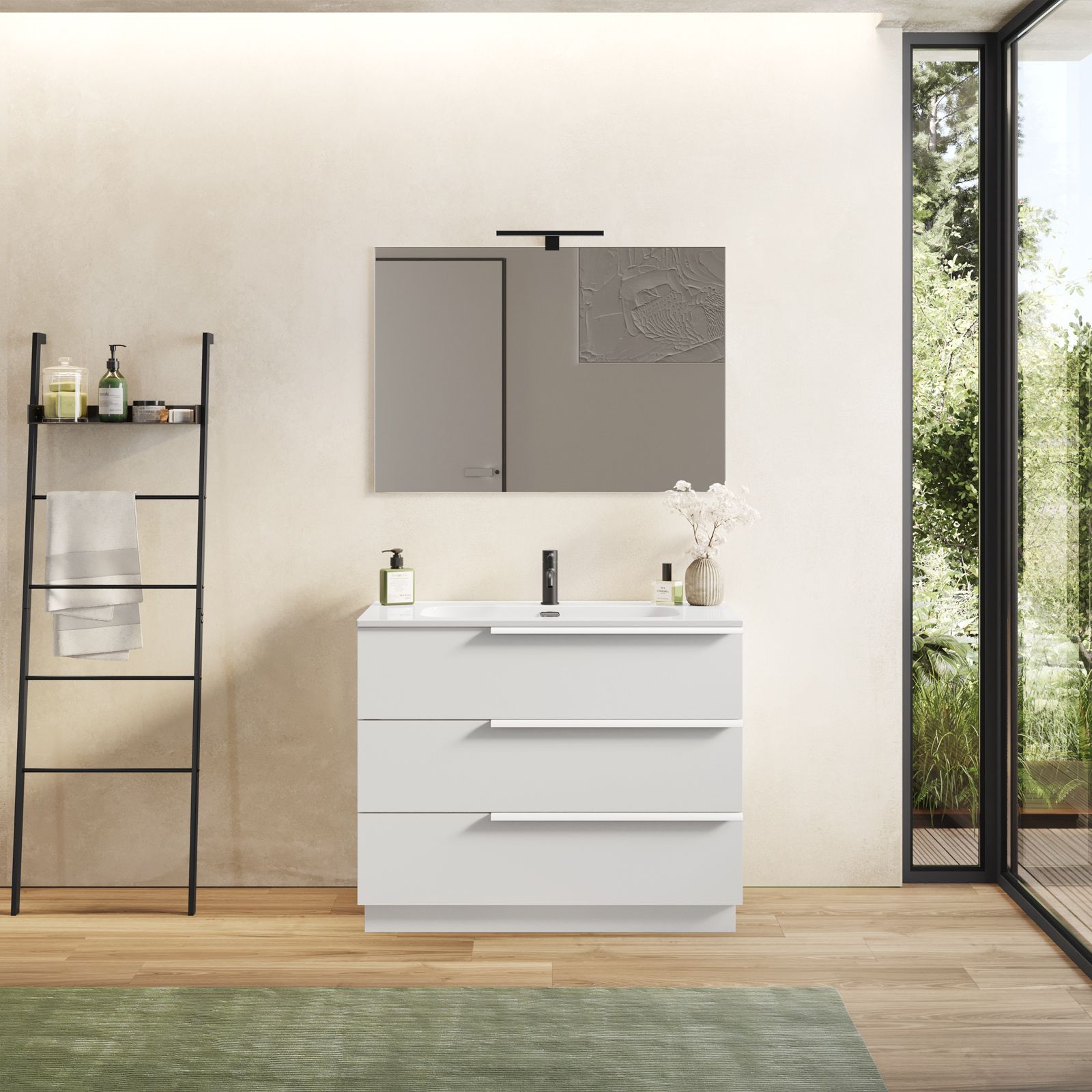 Mobile bagno 100 cm full bianco opaco con lavabo integrato e specchio -  Ecuador