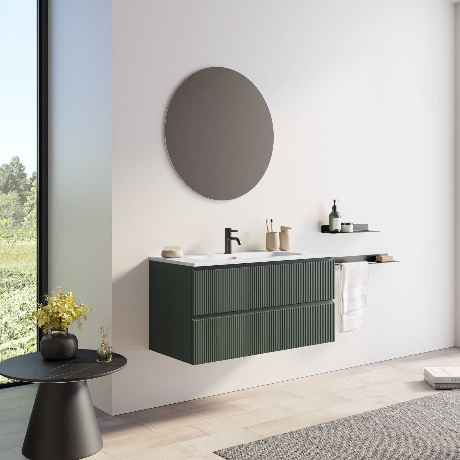 Mobile bagno 100 cm verde opaco cannettato con lavabo integrato e specchio  - Gaia