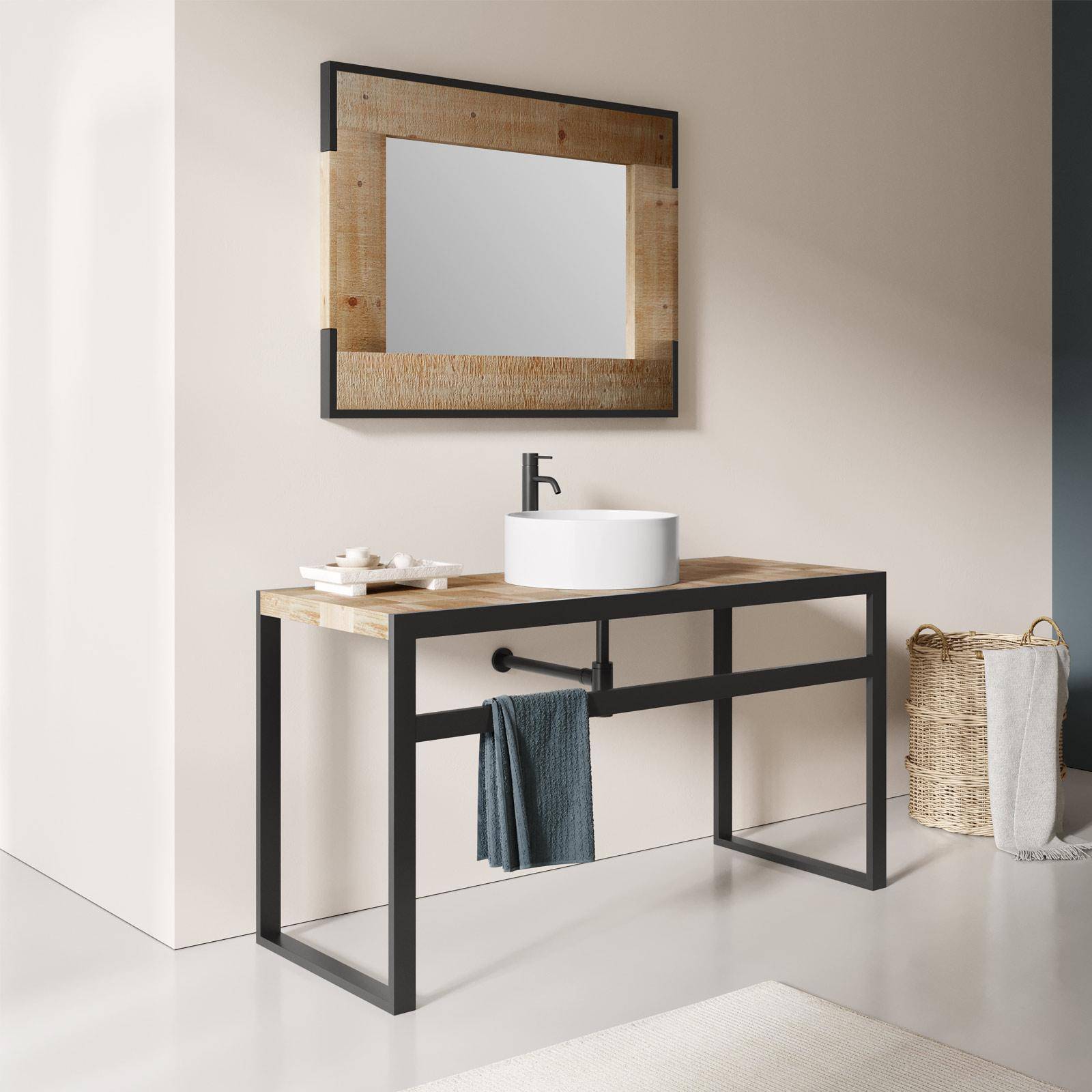 Mobile bagno 100 cm con piano in legno 8 cm e barra portasalviette - Harlem