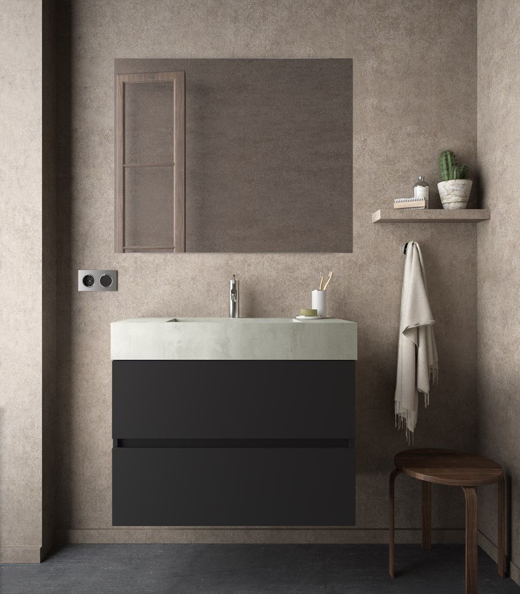 Mobile Bagno sospeso 80 cm 2 cassetti con LAVABO SPECCHIO COLONNA grigio  cemento