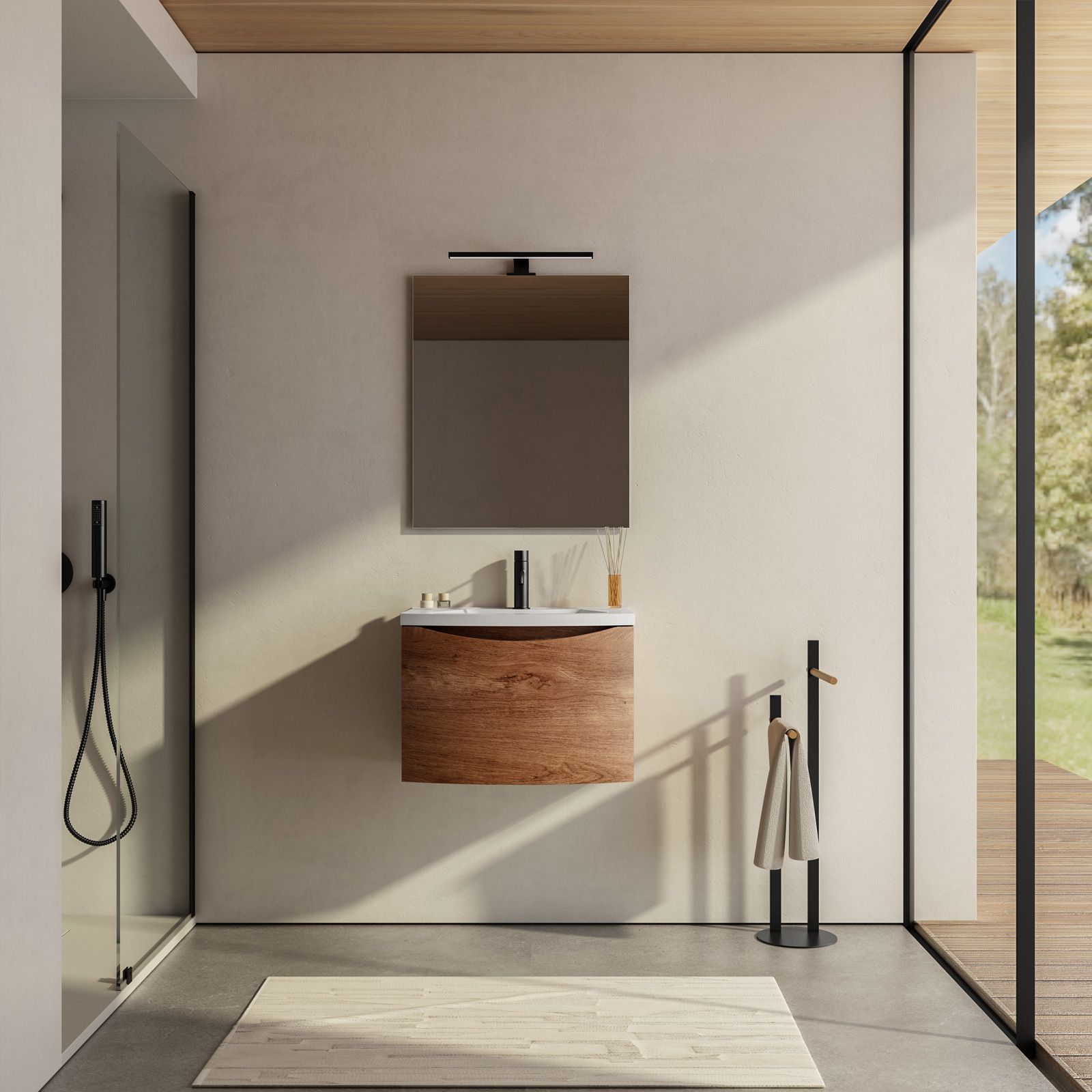 Mobile bagno 60 cm Jasmine effetto legno di noce con cassetto con lavabo e  specchio