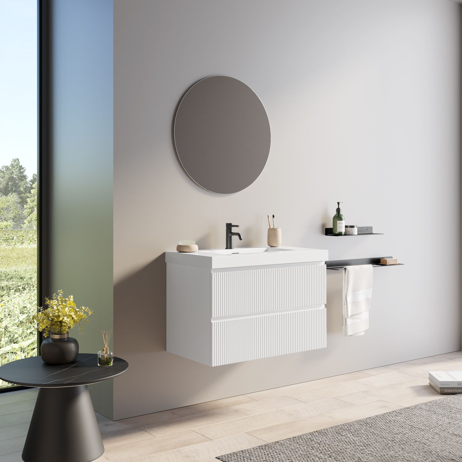 Mobile bagno 80 cm bianco opaco cannettato con lavabo e specchio - Gaia