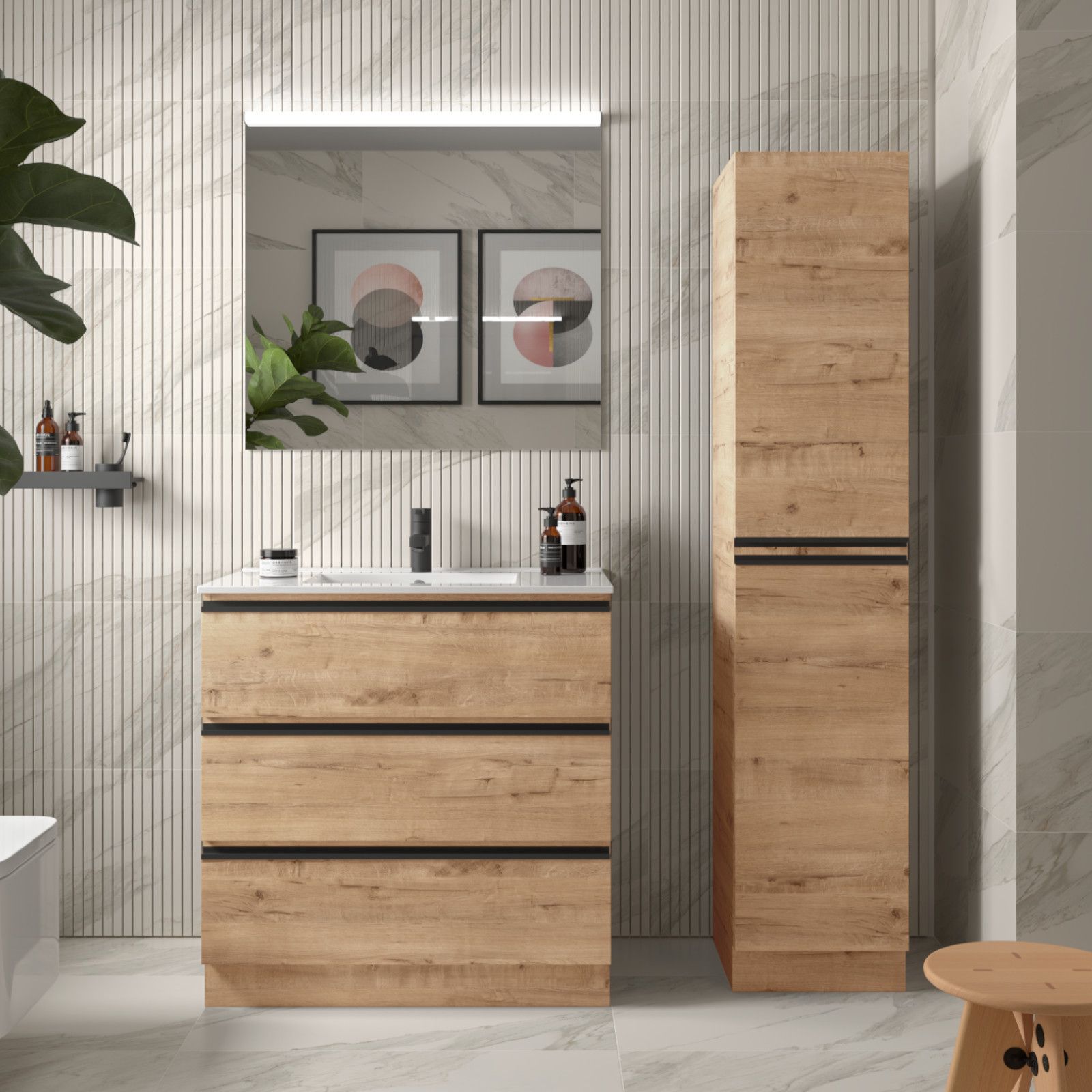 Mobile bagno 80 cm rovere africa maniglie nere con lavabo e specchio - Rebus