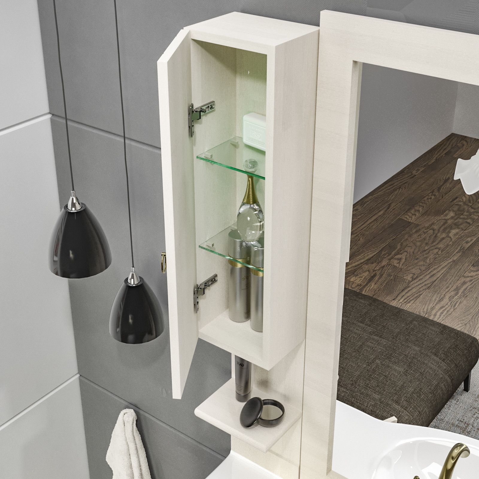 Mobile bagno a terra 105 cm bianco decapè e specchiera con pensile sx -  Carmel