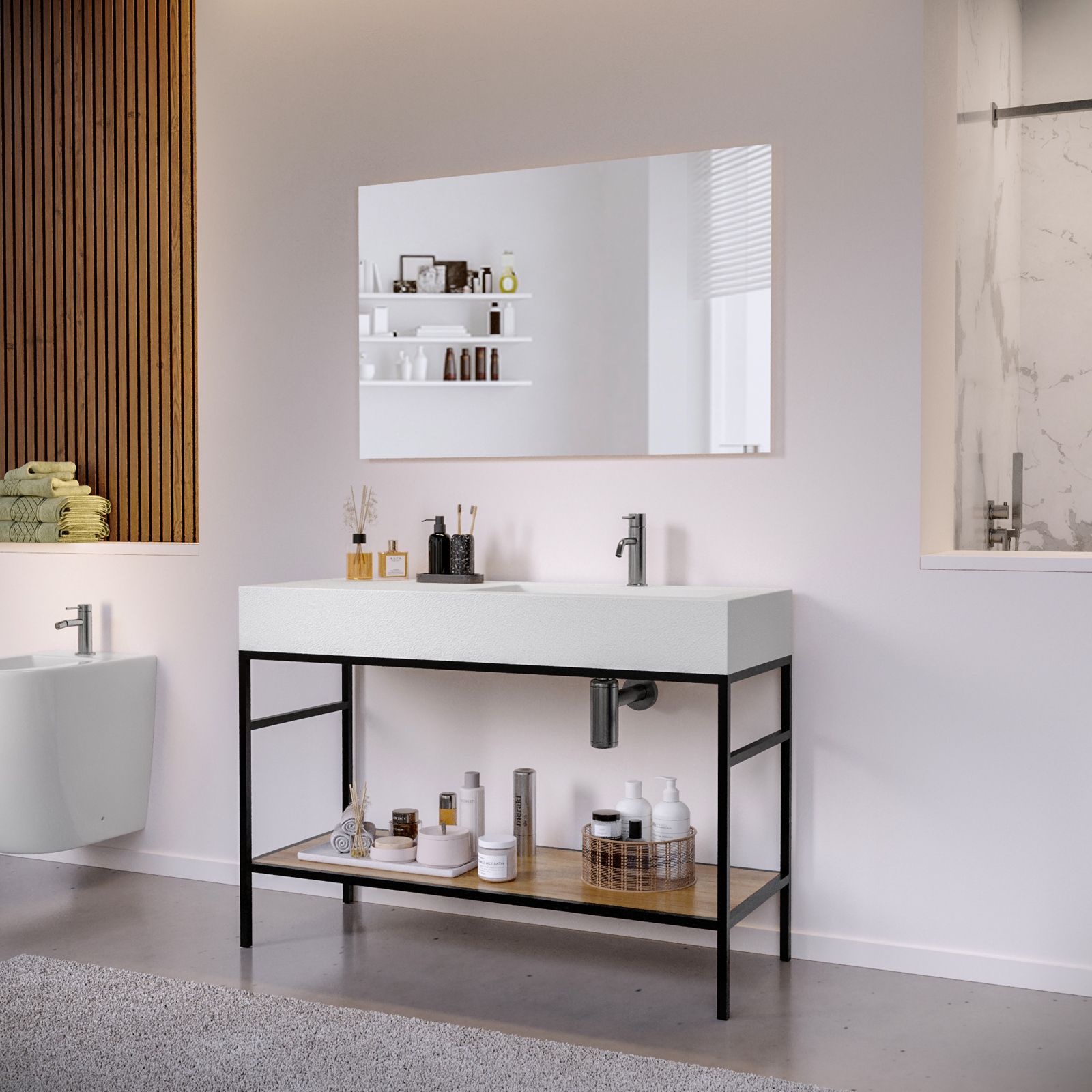 Set Mobili Bagno Planetm&ouml;bel Astra - Lavabo 60 Cm, Armadietto, Specchio LED, Colore Oro E Rovere Antracite