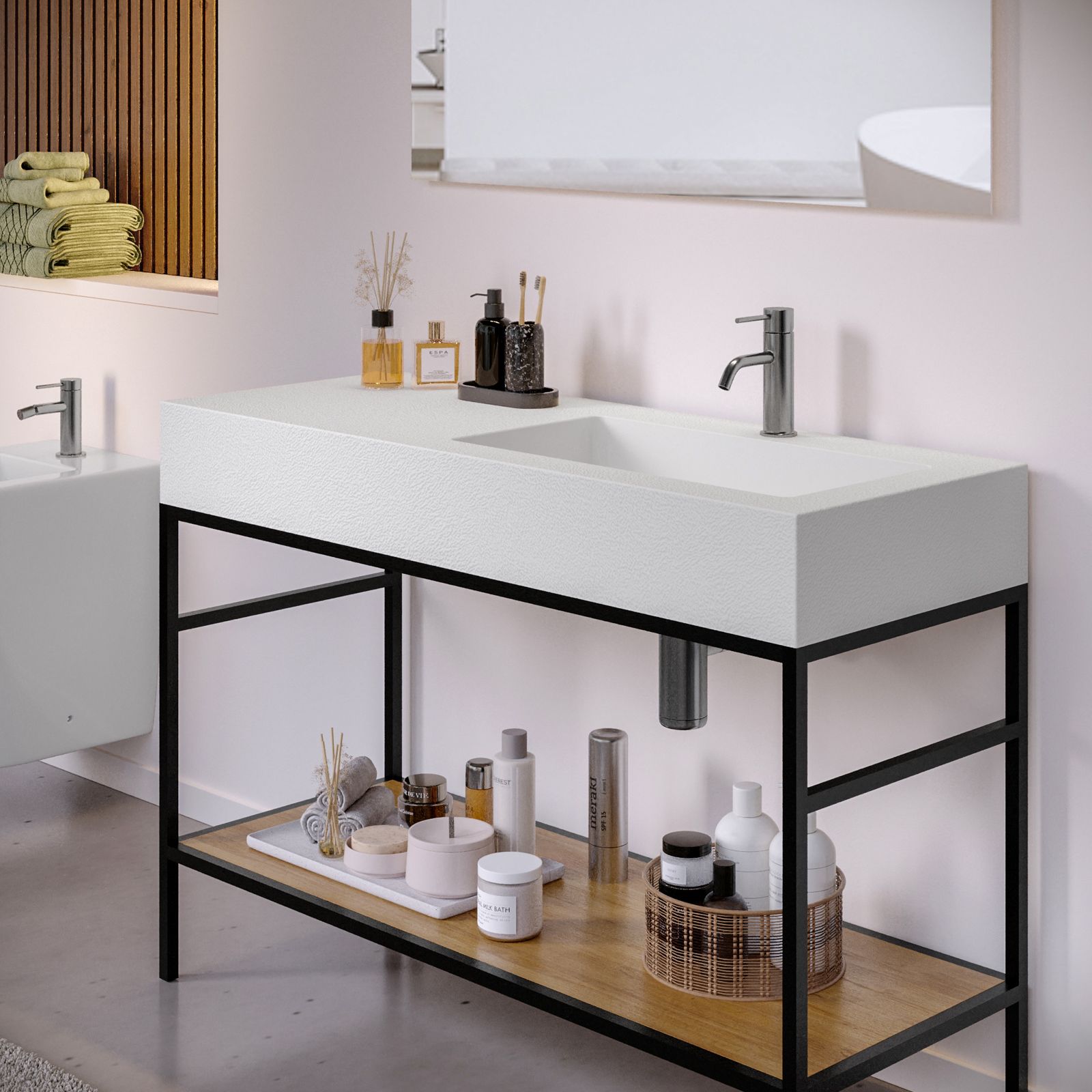 Mobile da Bagno a Terra 85 cm Cemento Chiaro Specchiera Applique e